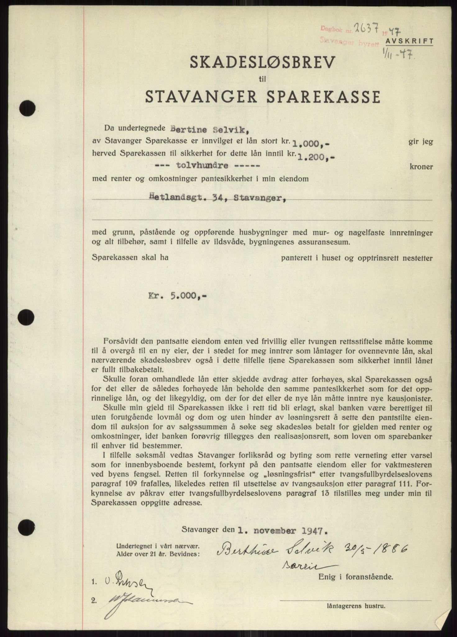 Stavanger byrett, SAST/A-100455/002/G/Gb/L0032: Mortgage book, 1947-1950, Diary no: : 2637/1947