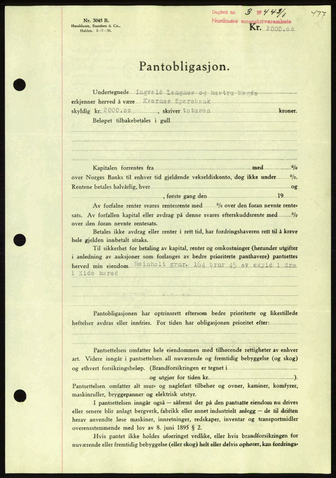 Nordmøre sorenskriveri, AV/SAT-A-4132/1/2/2Ca: Mortgage book no. B91, 1943-1944, Diary no: : 3/1944