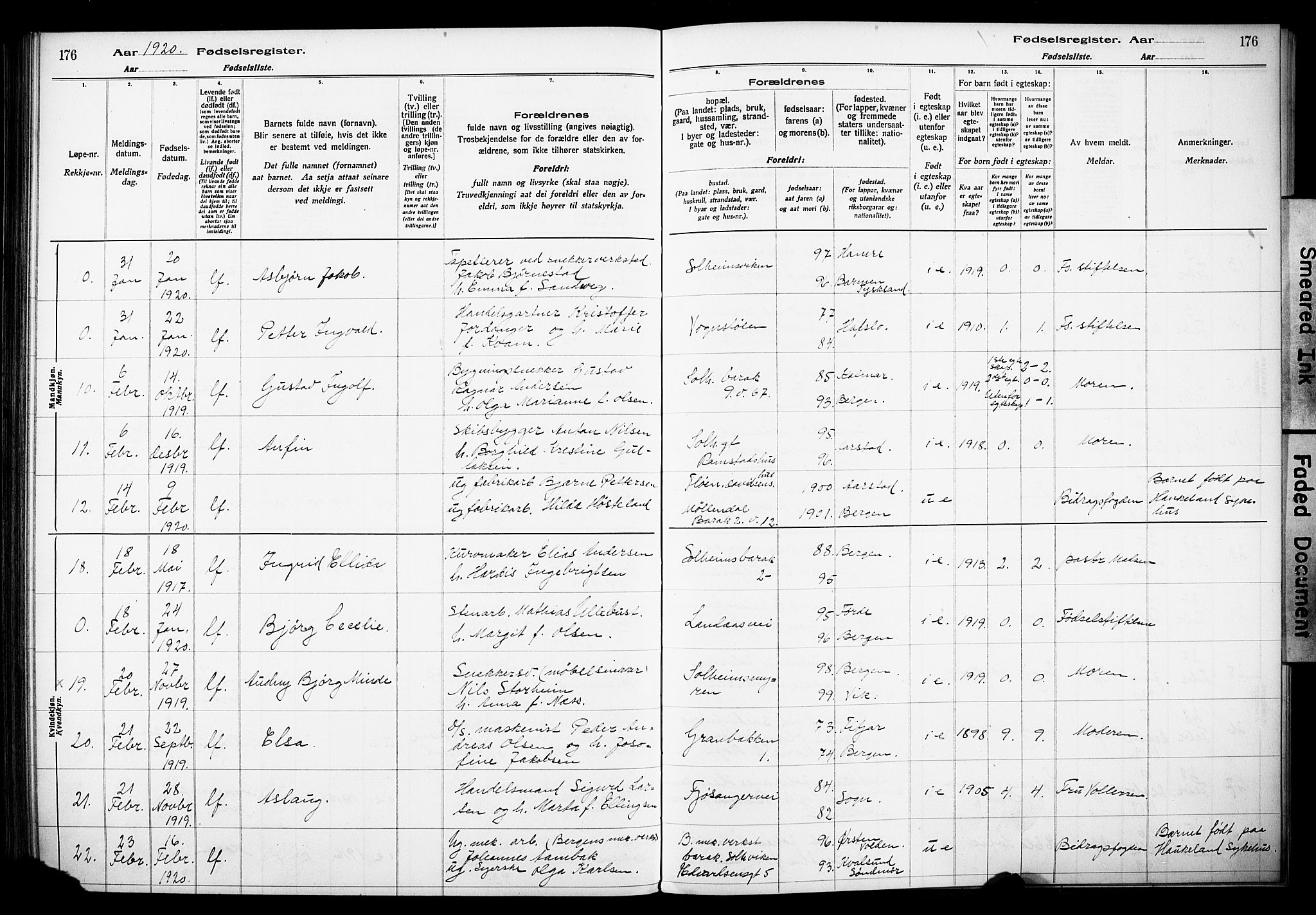 Årstad Sokneprestembete, AV/SAB-A-79301/I/Id/L0A01: Birth register no. A 1, 1916-1920, p. 176