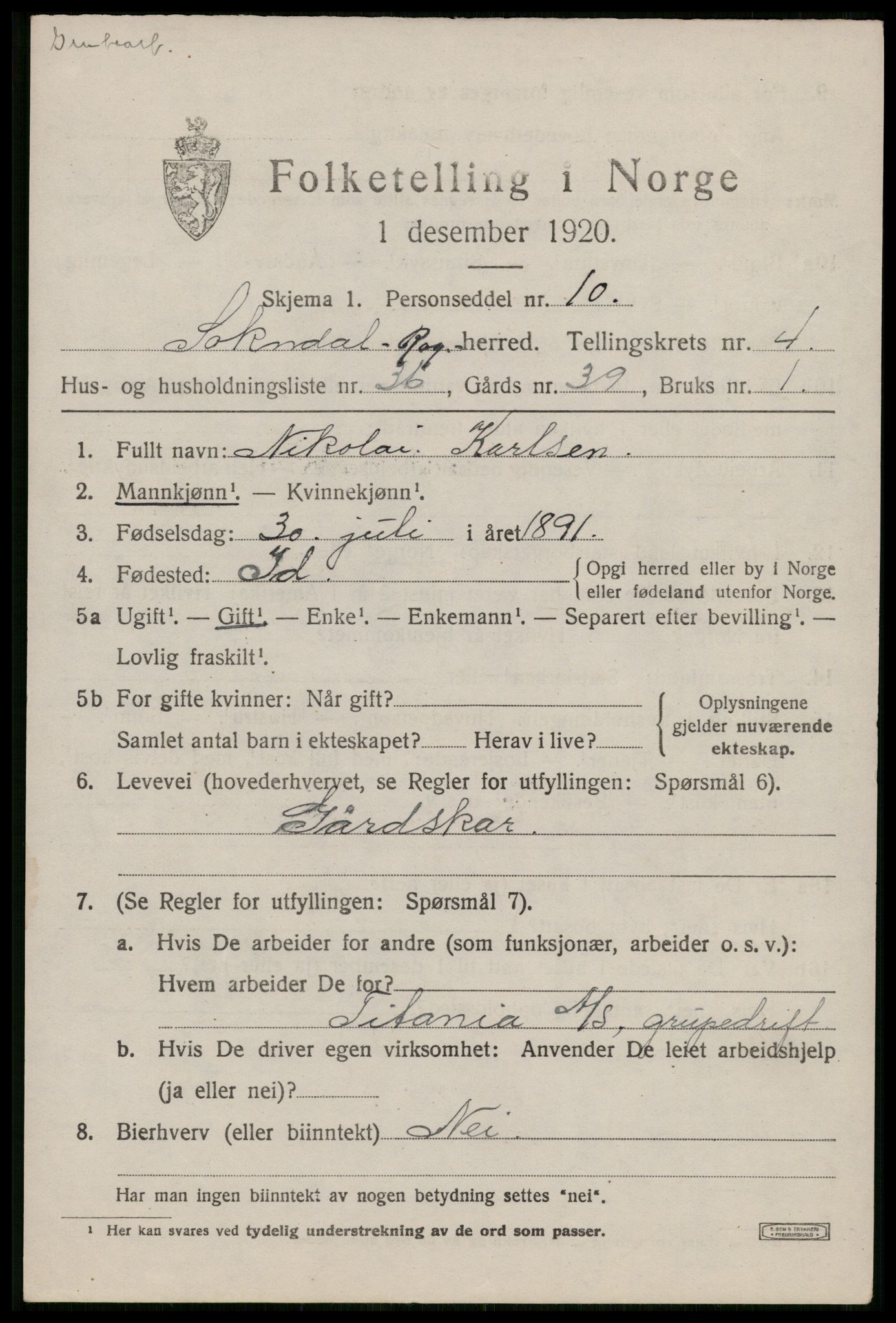 SAST, 1920 census for Sokndal, 1920, p. 3233