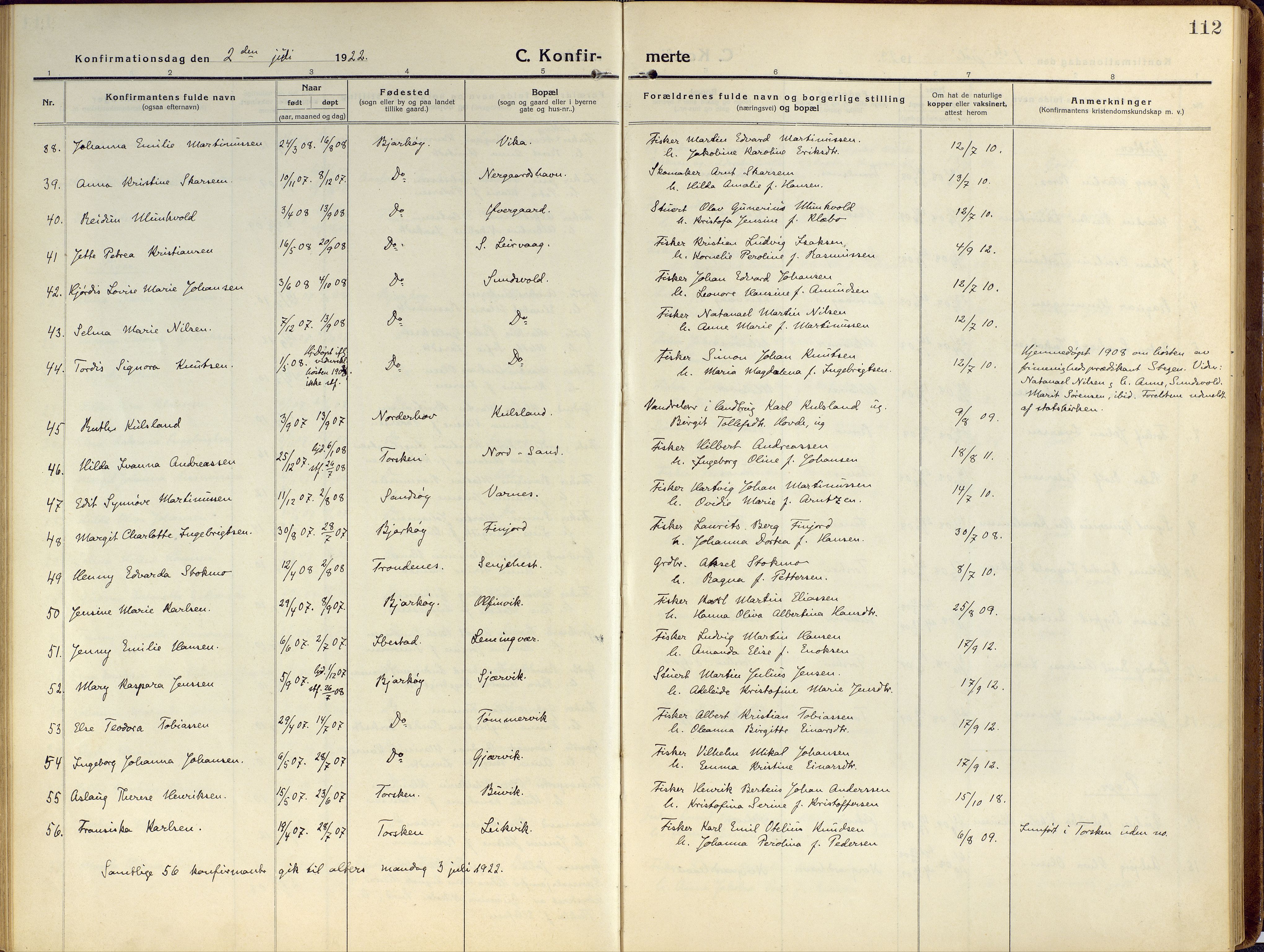 Sand/Bjarkøy sokneprestkontor, AV/SATØ-S-0811/I/Ia/Iaa/L0006kirke: Parish register (official) no. 6, 1915-1929, p. 112