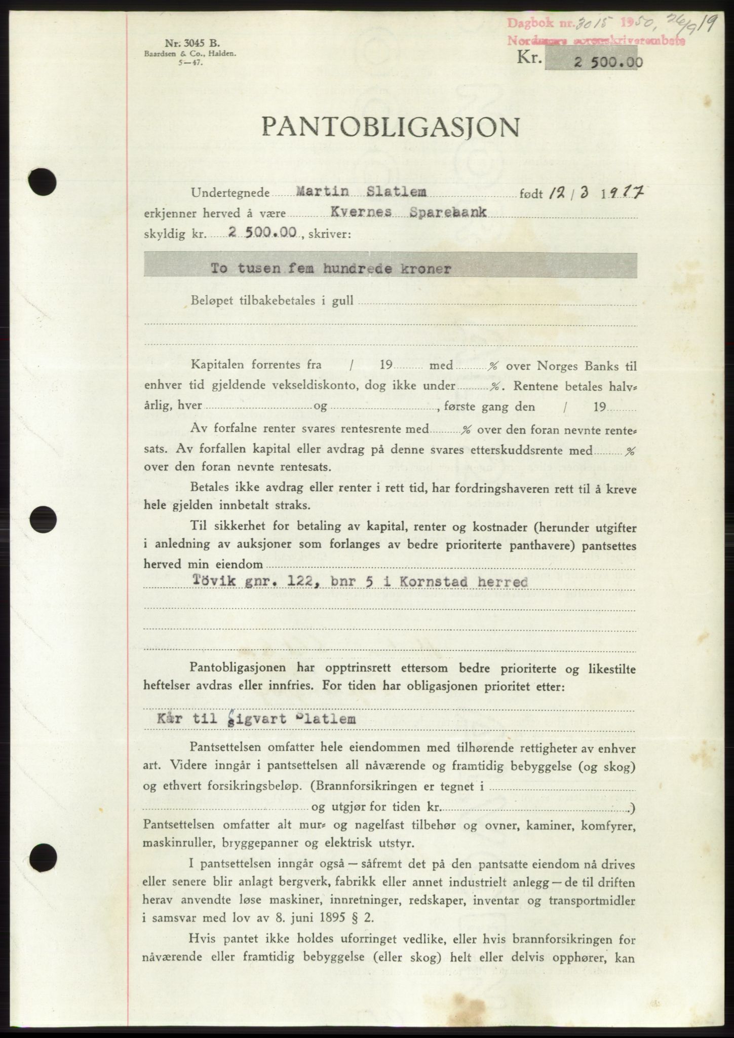 Nordmøre sorenskriveri, AV/SAT-A-4132/1/2/2Ca: Mortgage book no. B106, 1950-1950, Diary no: : 3015/1950