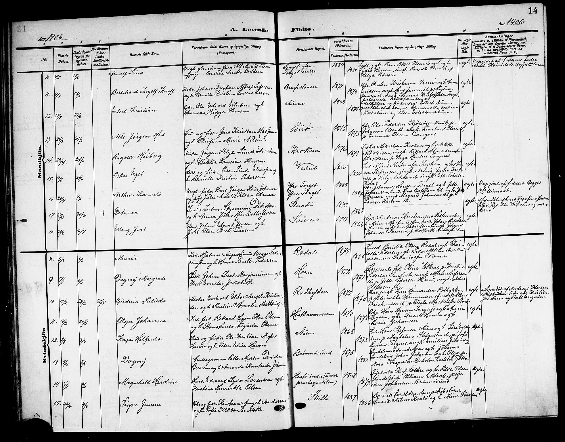 Ministerialprotokoller, klokkerbøker og fødselsregistre - Nordland, AV/SAT-A-1459/813/L0214: Parish register (copy) no. 813C06, 1904-1917, p. 14