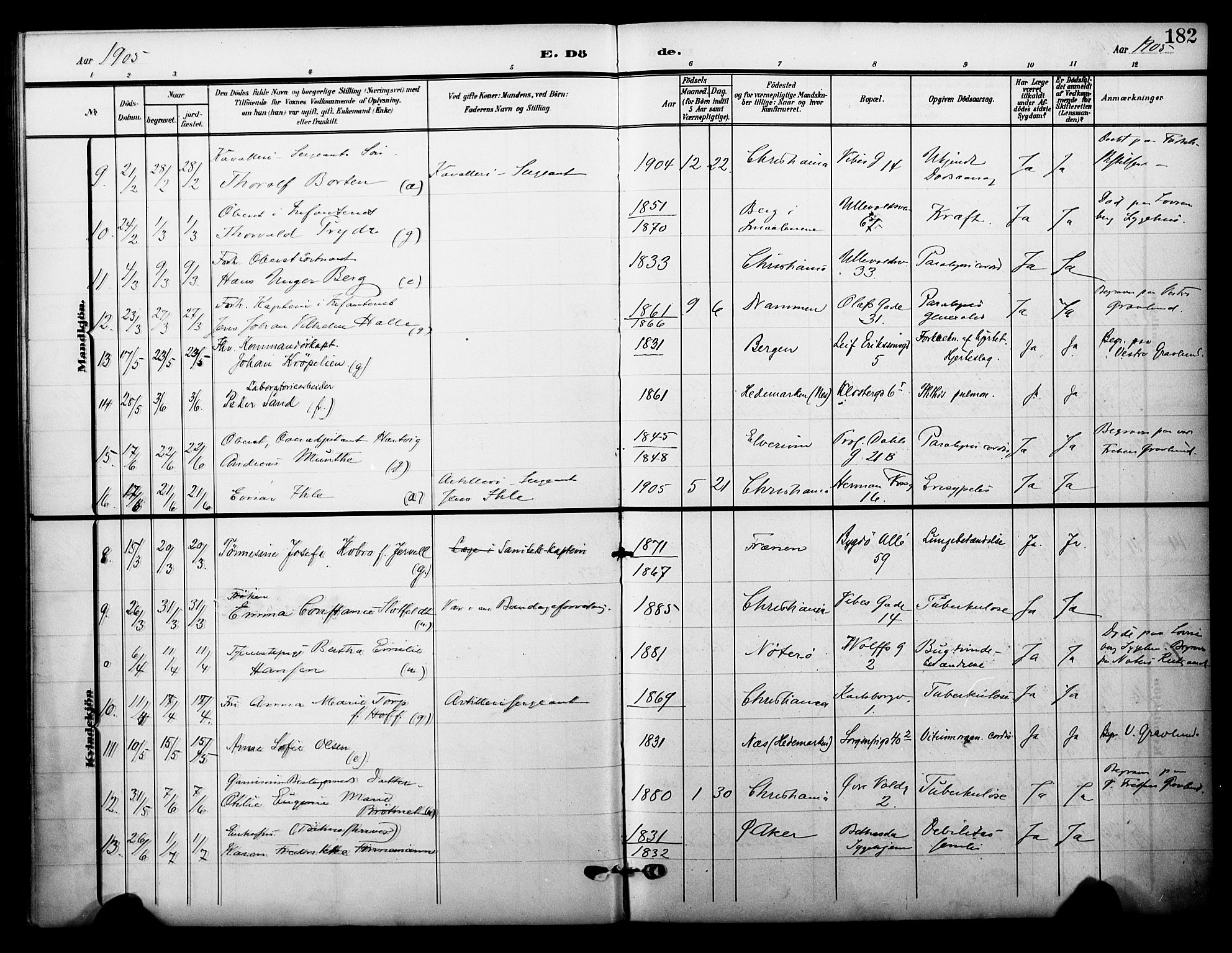 Garnisonsmenigheten Kirkebøker, SAO/A-10846/F/Fa/L0014: Parish register (official) no. 14, 1905-1914, p. 182