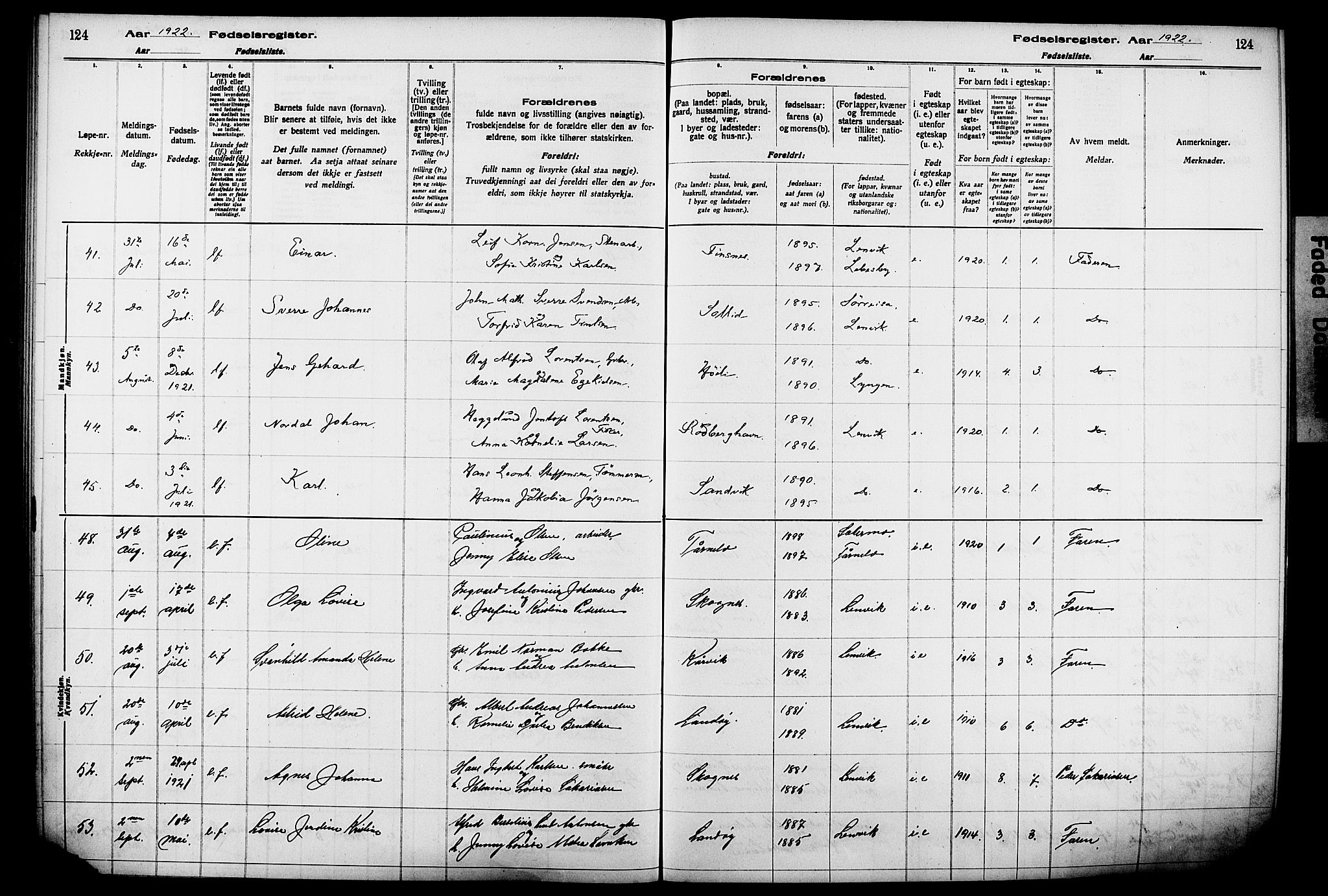 Lenvik sokneprestembete, AV/SATØ-S-1310/I/Ic/L0089: Birth register no. 89, 1916-1926, p. 124