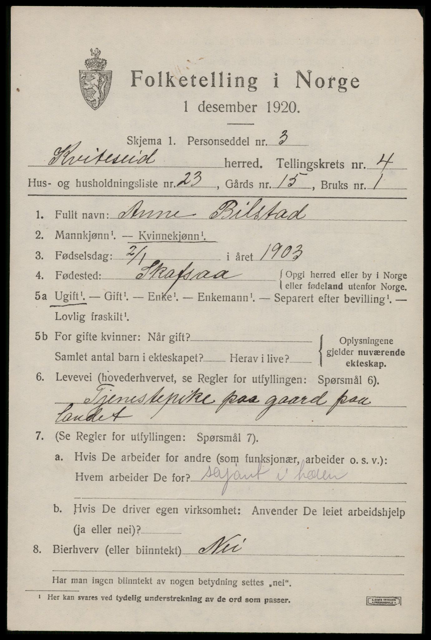 SAKO, 1920 census for Kviteseid, 1920, p. 2827