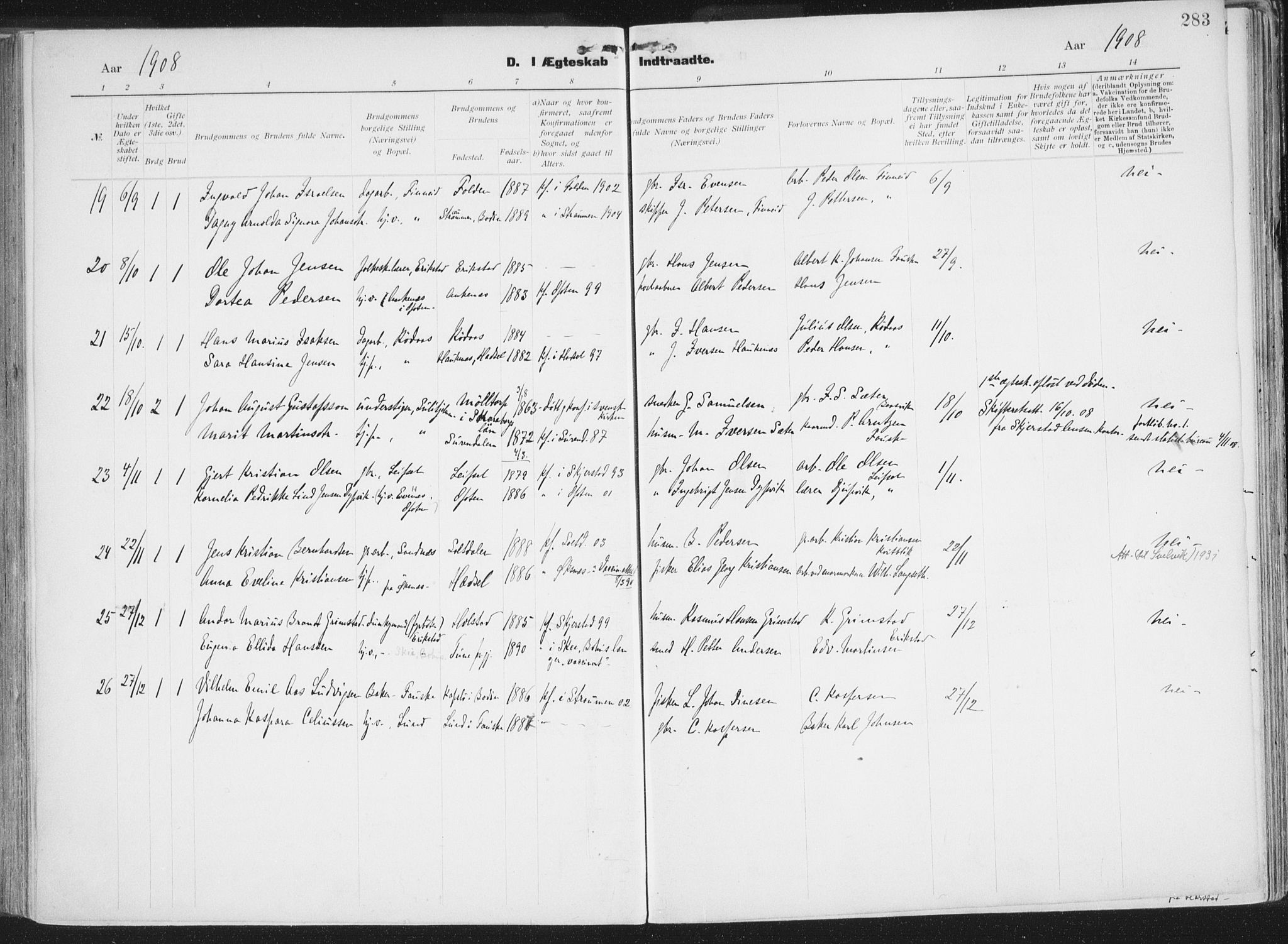 Ministerialprotokoller, klokkerbøker og fødselsregistre - Nordland, SAT/A-1459/849/L0696: Parish register (official) no. 849A08, 1898-1910, p. 283
