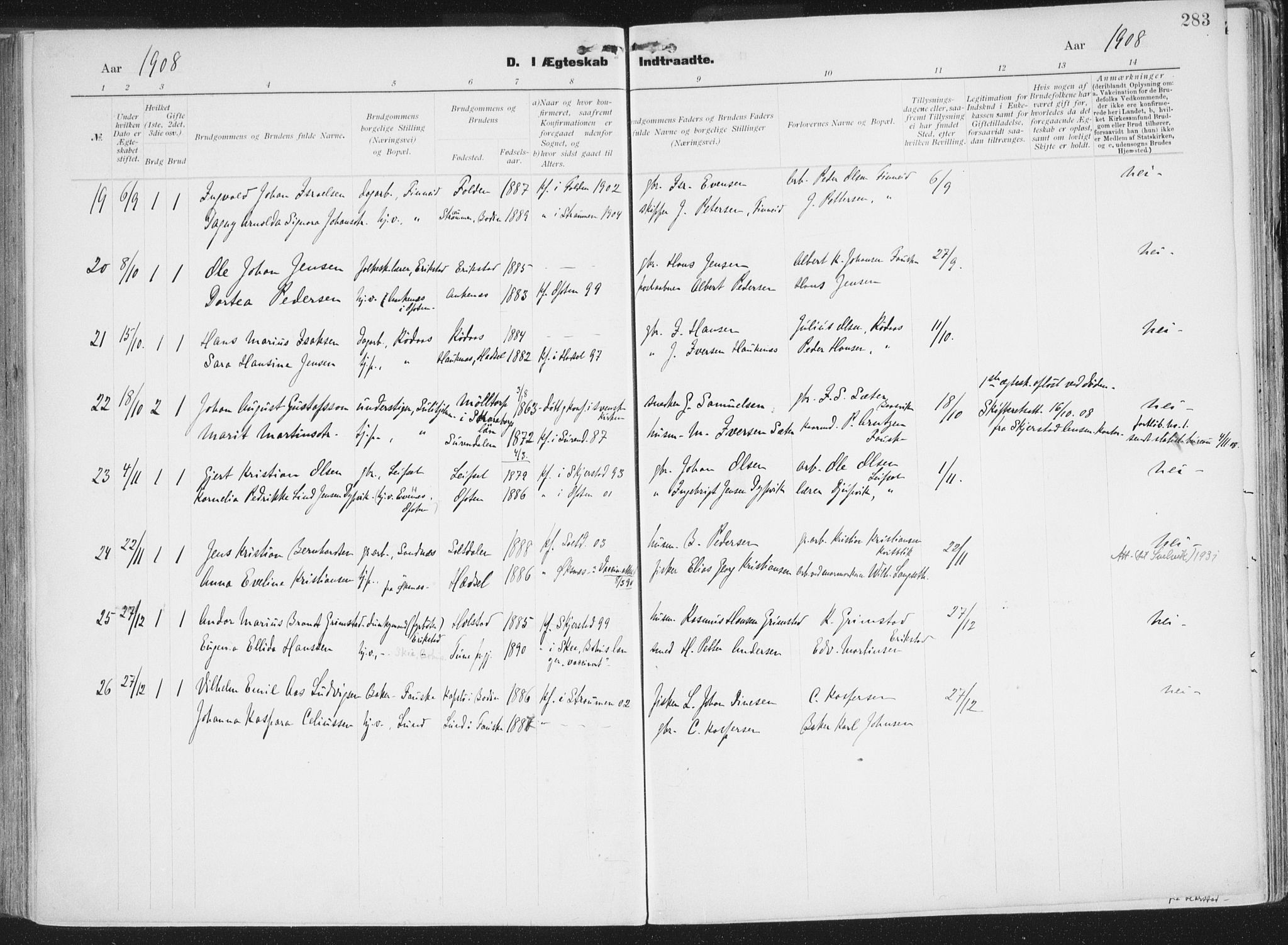 Ministerialprotokoller, klokkerbøker og fødselsregistre - Nordland, AV/SAT-A-1459/849/L0696: Parish register (official) no. 849A08, 1898-1910, p. 283