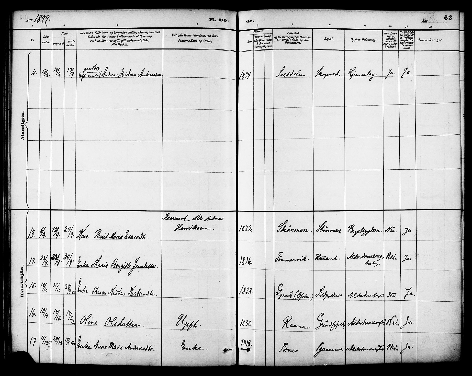 Ministerialprotokoller, klokkerbøker og fødselsregistre - Nordland, AV/SAT-A-1459/861/L0870: Parish register (official) no. 861A05, 1889-1903, p. 62