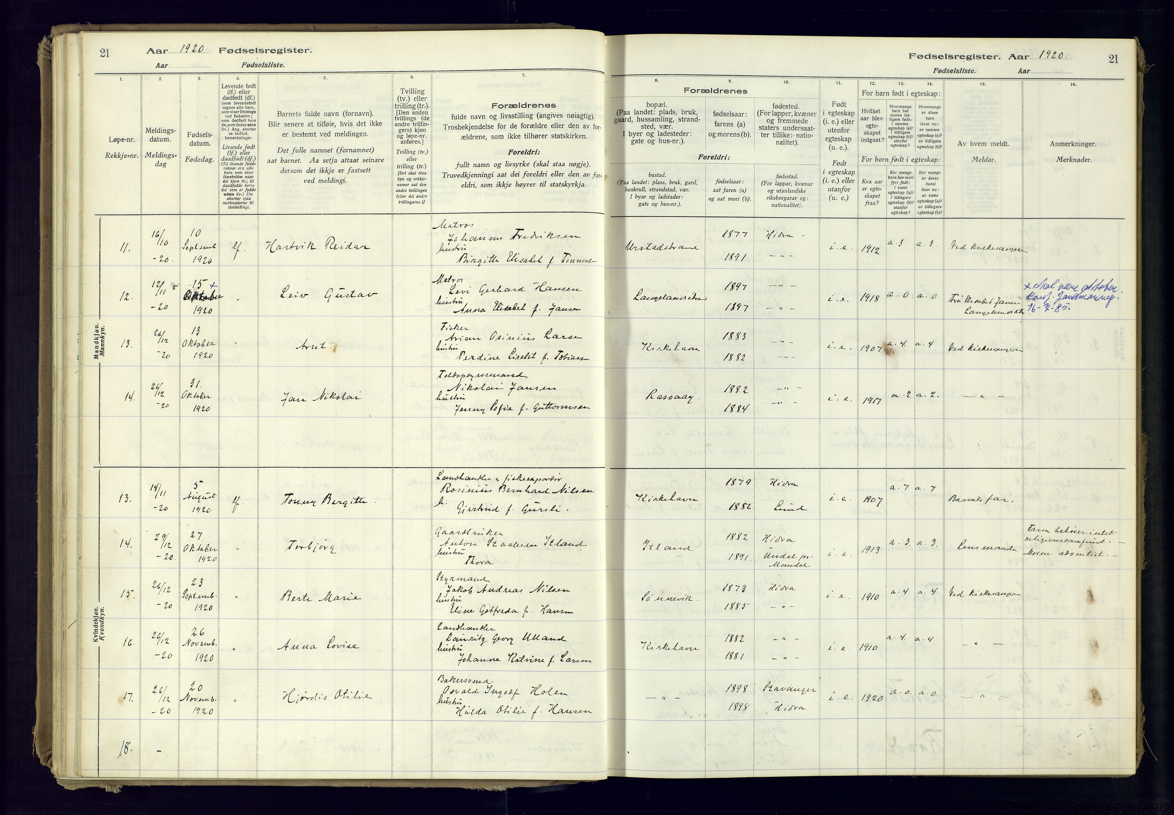 Flekkefjord sokneprestkontor, AV/SAK-1111-0012/J/Ja/L0007: Birth register no. 7, 1916-1982, p. 21