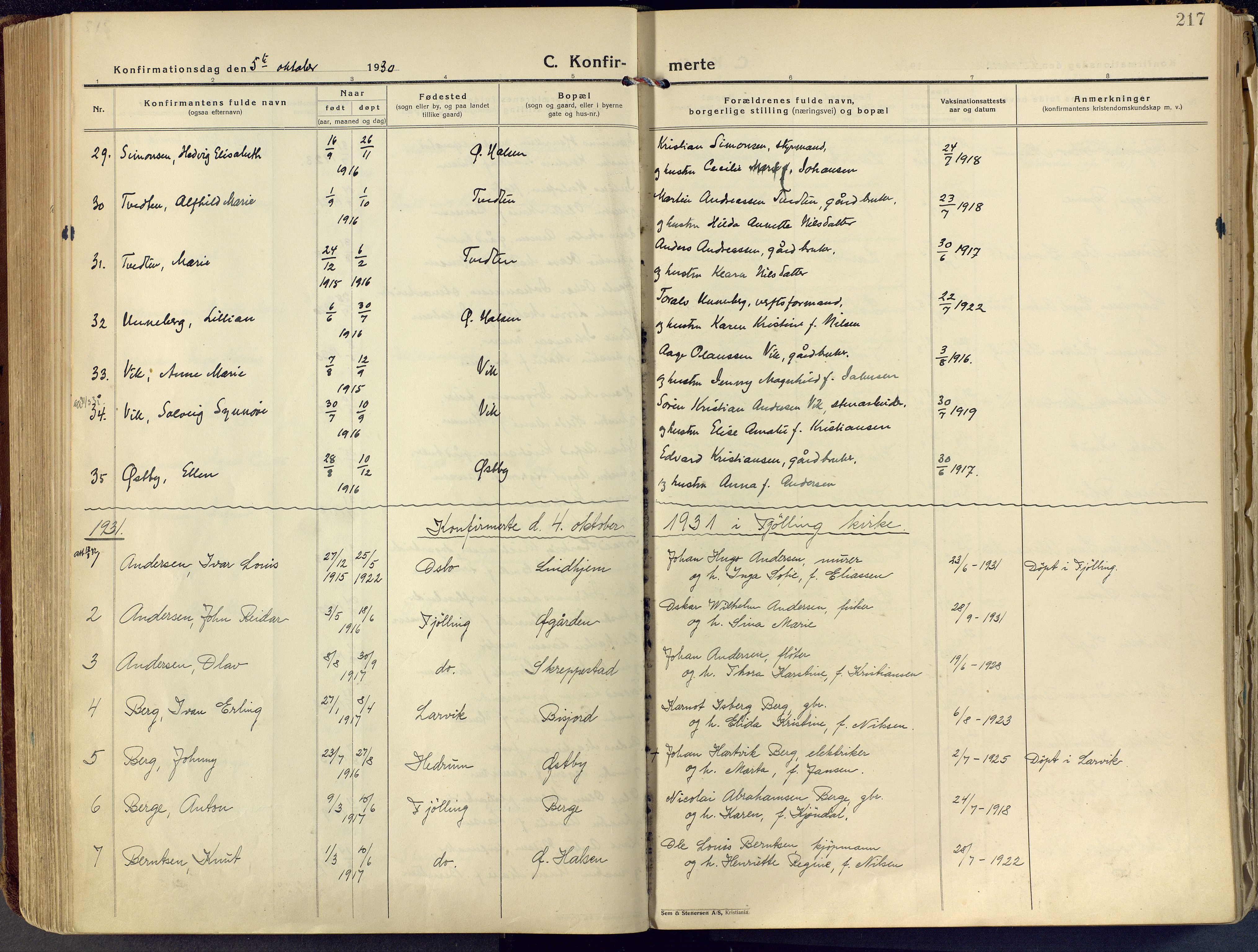 Tjølling kirkebøker, AV/SAKO-A-60/F/Fa/L0011: Parish register (official) no. 11, 1924-1943, p. 217