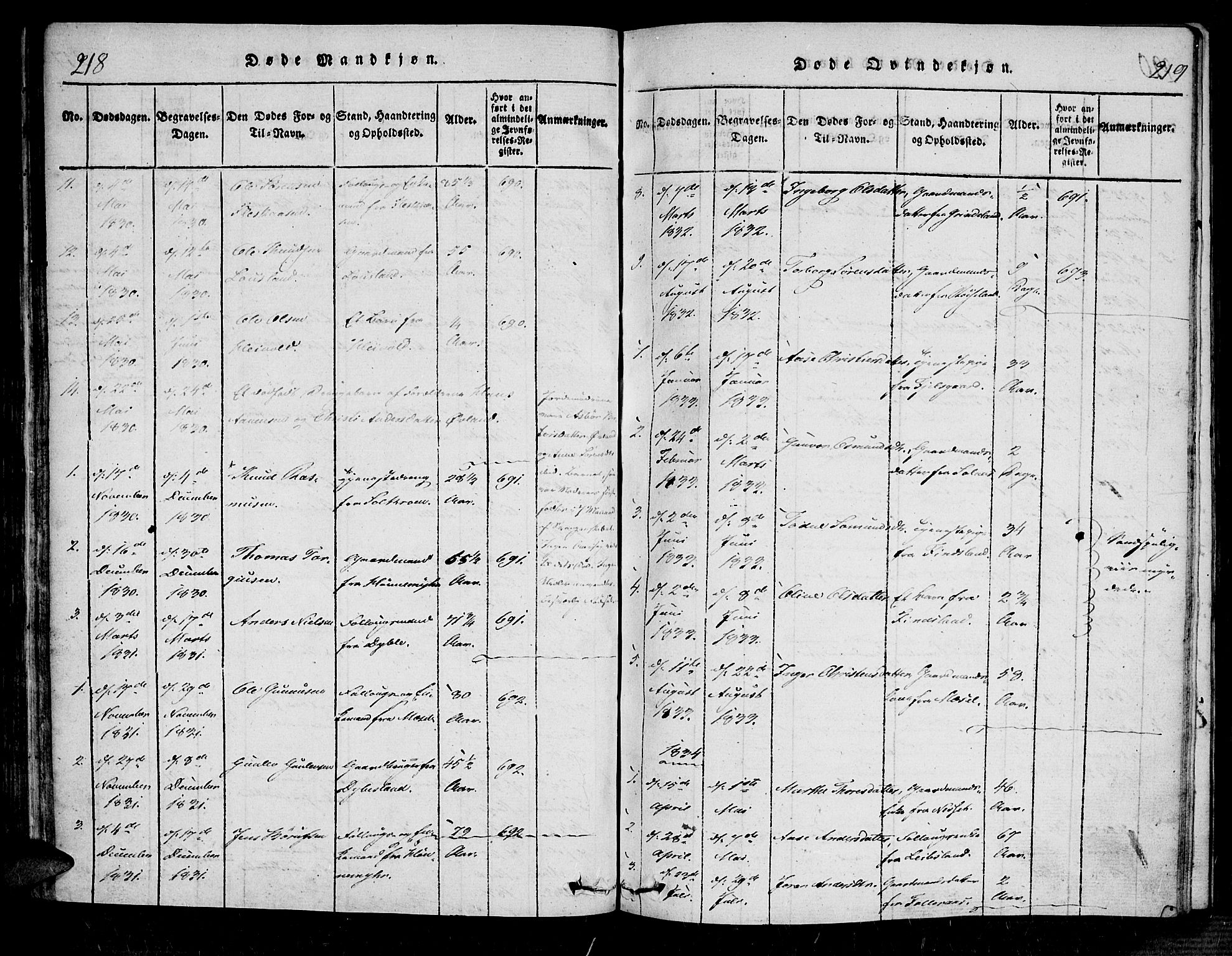 Bjelland sokneprestkontor, AV/SAK-1111-0005/F/Fa/Fab/L0002: Parish register (official) no. A 2, 1816-1869, p. 218-219