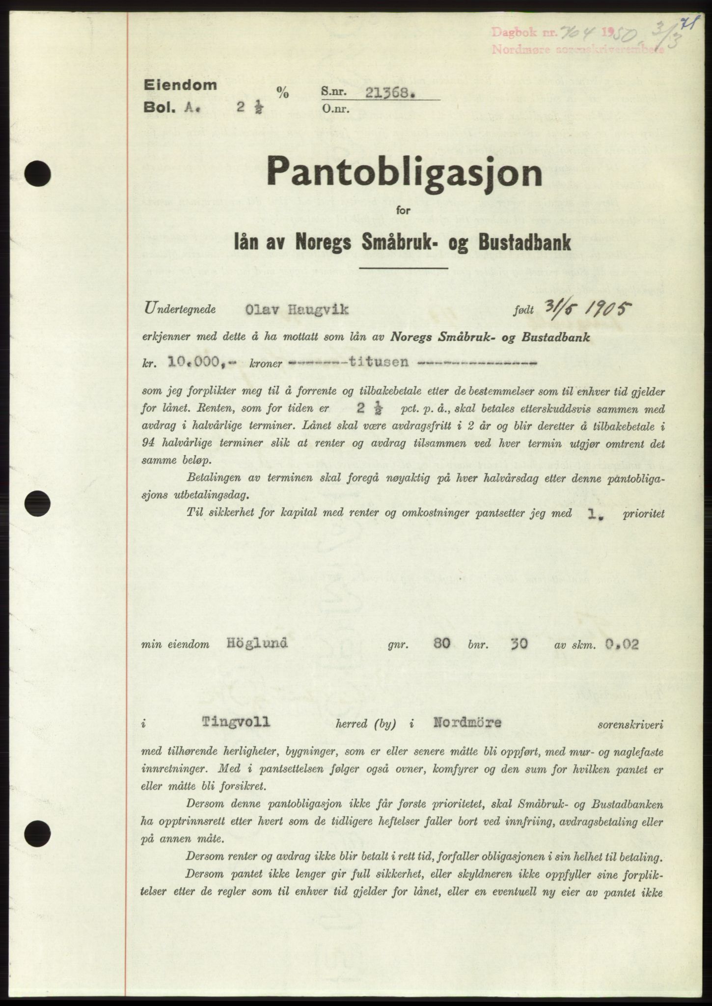 Nordmøre sorenskriveri, AV/SAT-A-4132/1/2/2Ca: Mortgage book no. B104, 1950-1950, Diary no: : 704/1950