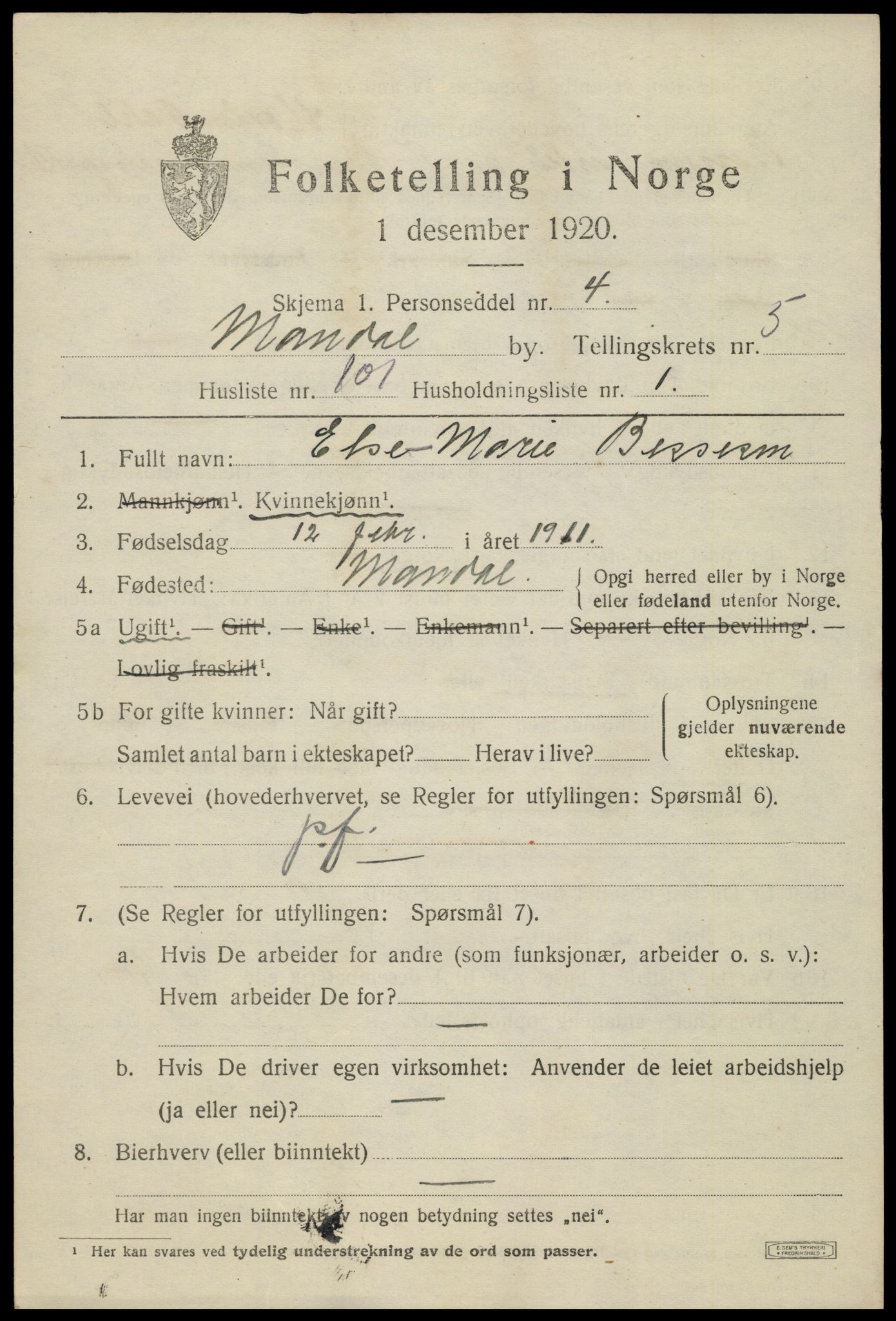 SAK, 1920 census for Mandal, 1920, p. 9107