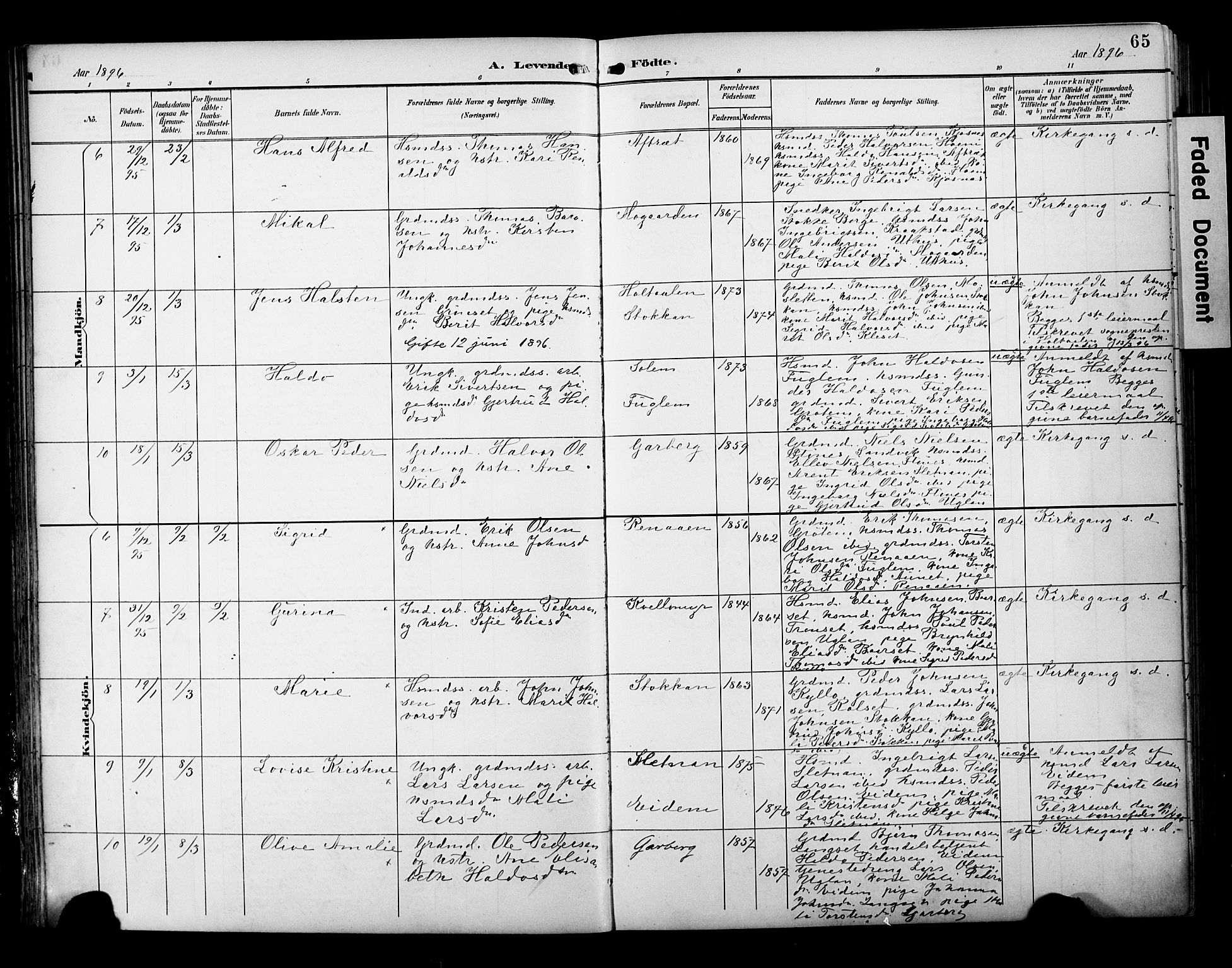Ministerialprotokoller, klokkerbøker og fødselsregistre - Sør-Trøndelag, SAT/A-1456/695/L1149: Parish register (official) no. 695A09, 1891-1902, p. 65