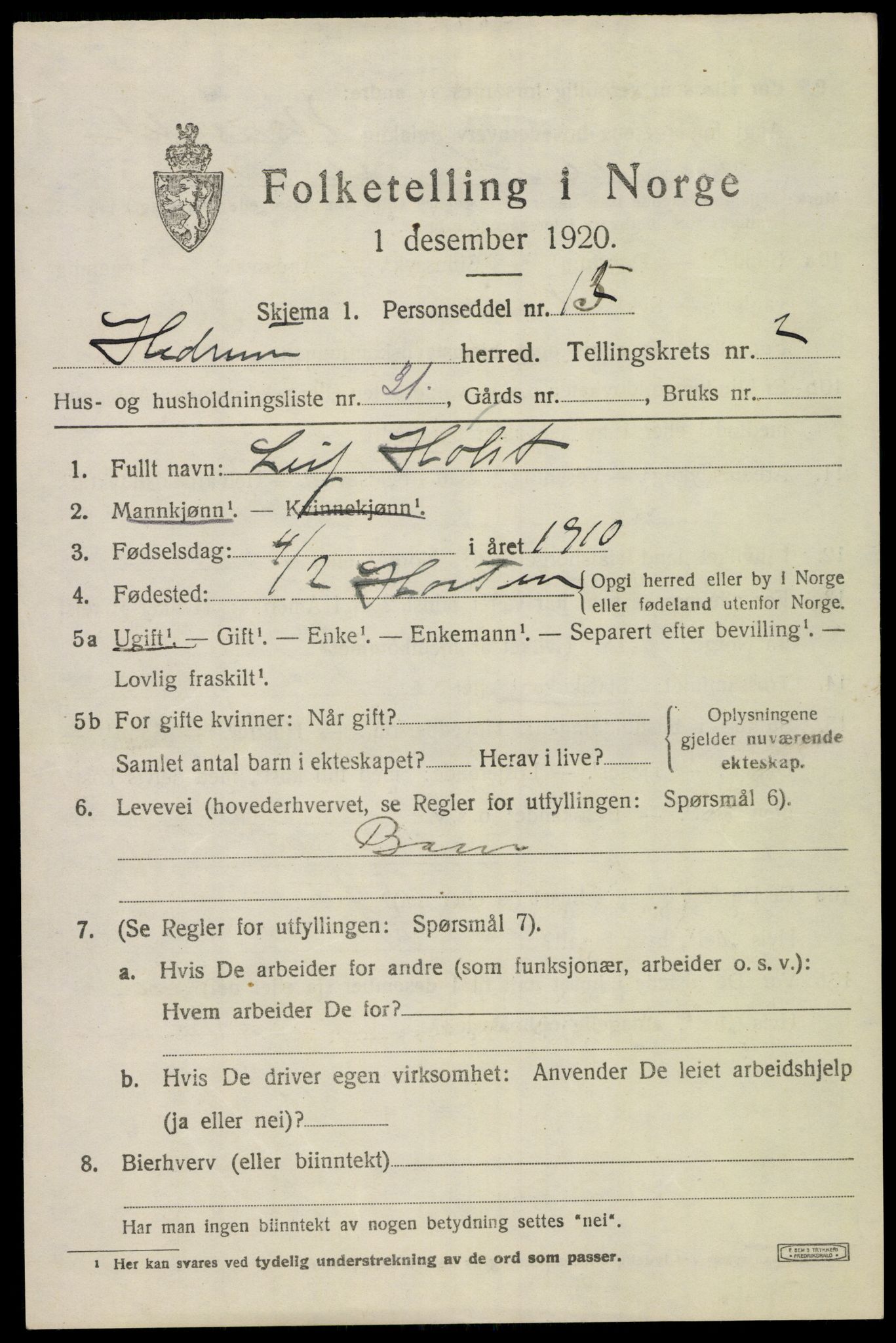 SAKO, 1920 census for Hedrum, 1920, p. 2829