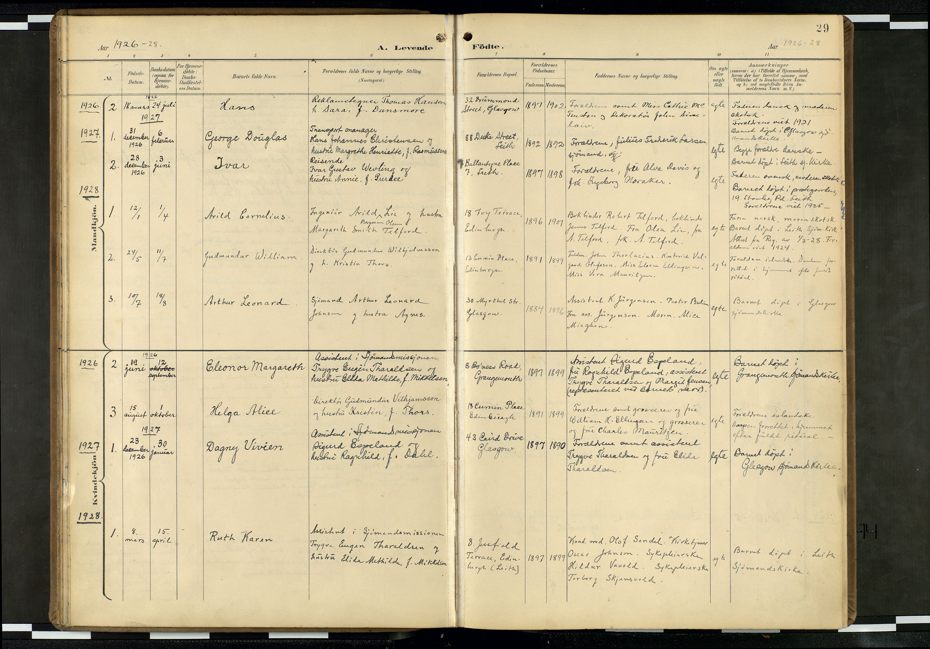 Den norske sjømannsmisjon i utlandet/Skotske havner (Leith, Glasgow), SAB/SAB/PA-0100/H/Ha/Haa/L0004: Parish register (official) no. A 4, 1899-1949, p. 28b-29a