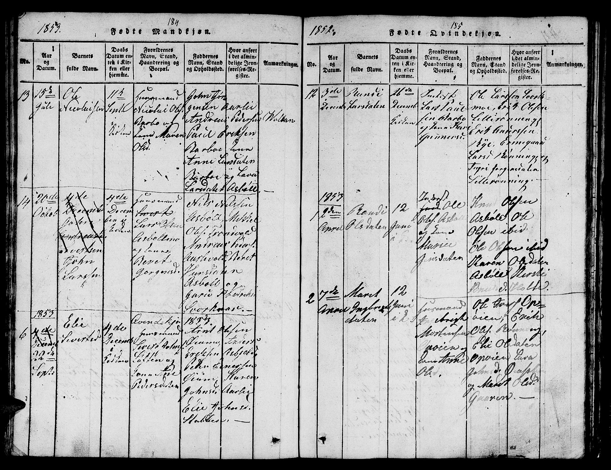 Ministerialprotokoller, klokkerbøker og fødselsregistre - Sør-Trøndelag, SAT/A-1456/671/L0842: Parish register (copy) no. 671C01, 1816-1867, p. 184-185
