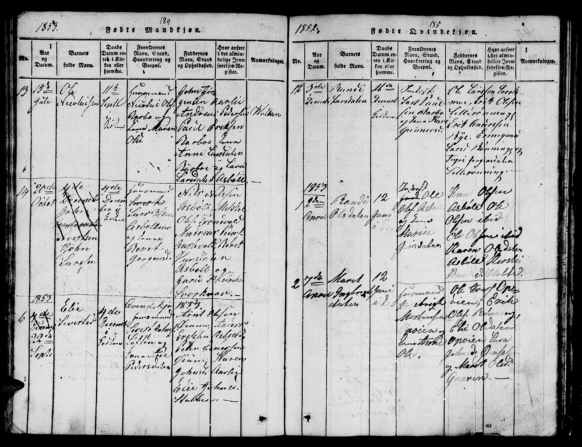 Ministerialprotokoller, klokkerbøker og fødselsregistre - Sør-Trøndelag, AV/SAT-A-1456/671/L0842: Parish register (copy) no. 671C01, 1816-1867, p. 184-185