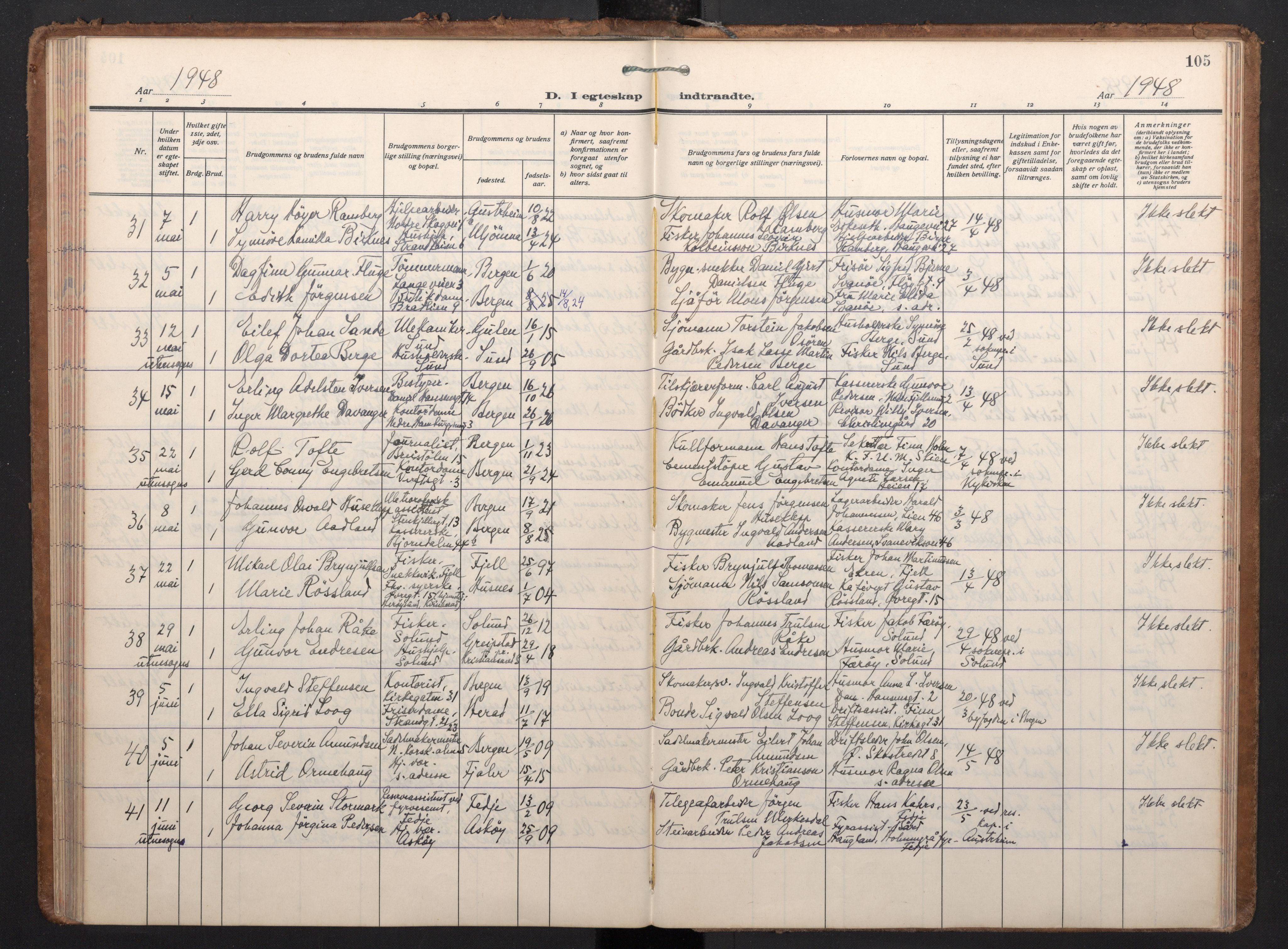 Korskirken sokneprestembete, AV/SAB-A-76101/H/Haa/L0040: Parish register (official) no. D 7, 1938-1952, p. 104b-105a