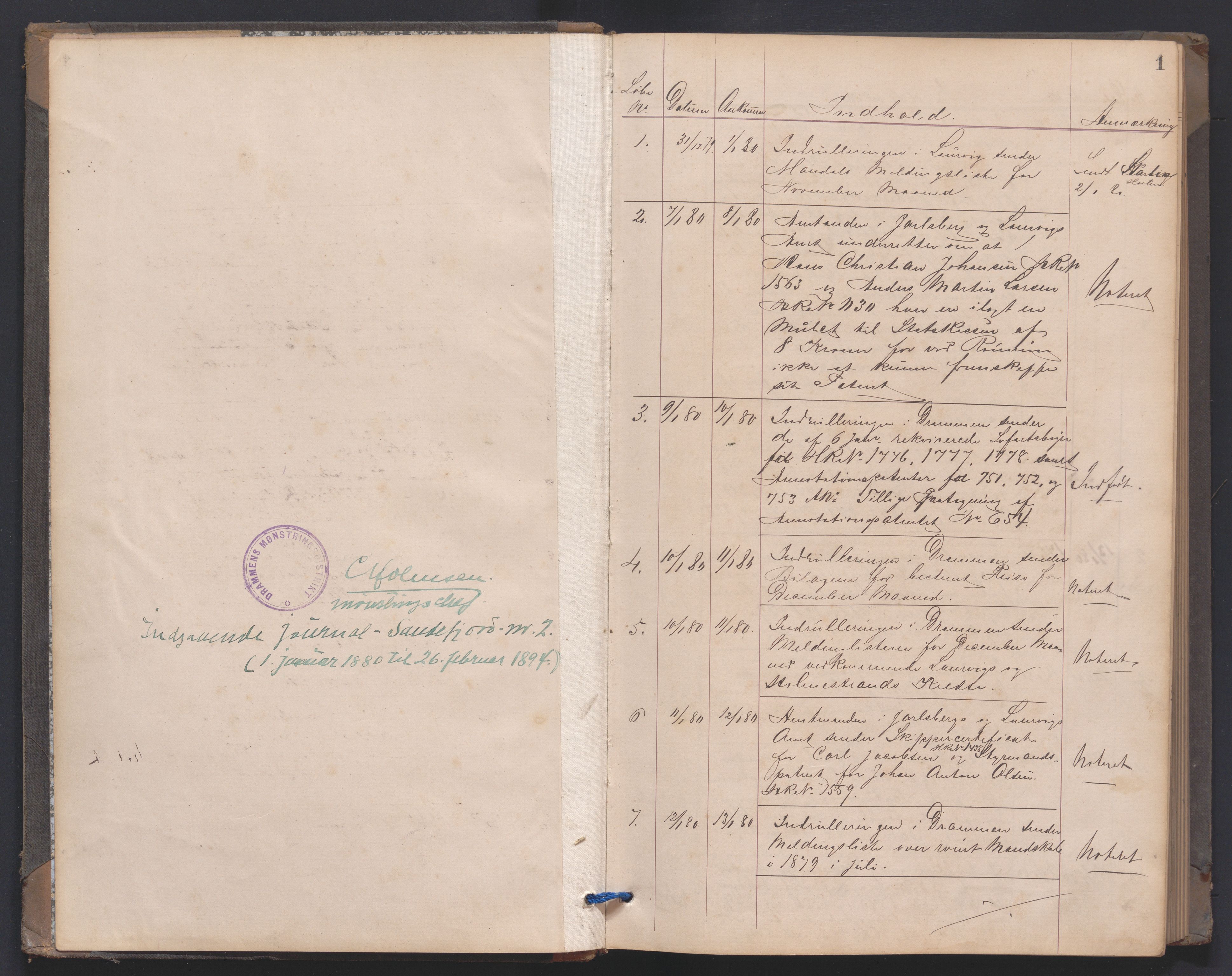 Sandefjord innrulleringskontor, AV/SAKO-A-788/C/Ca/L0002: Journal, 1880-1894, p. 1a