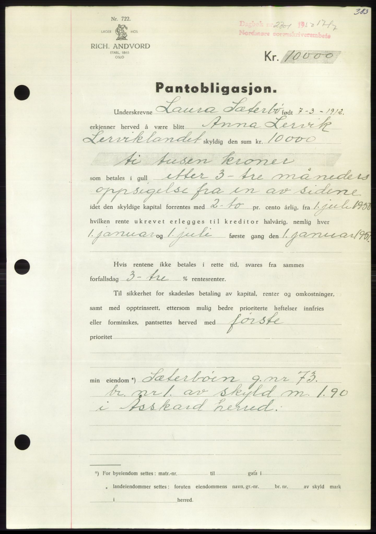 Nordmøre sorenskriveri, AV/SAT-A-4132/1/2/2Ca: Mortgage book no. B105, 1950-1950, Diary no: : 2301/1950