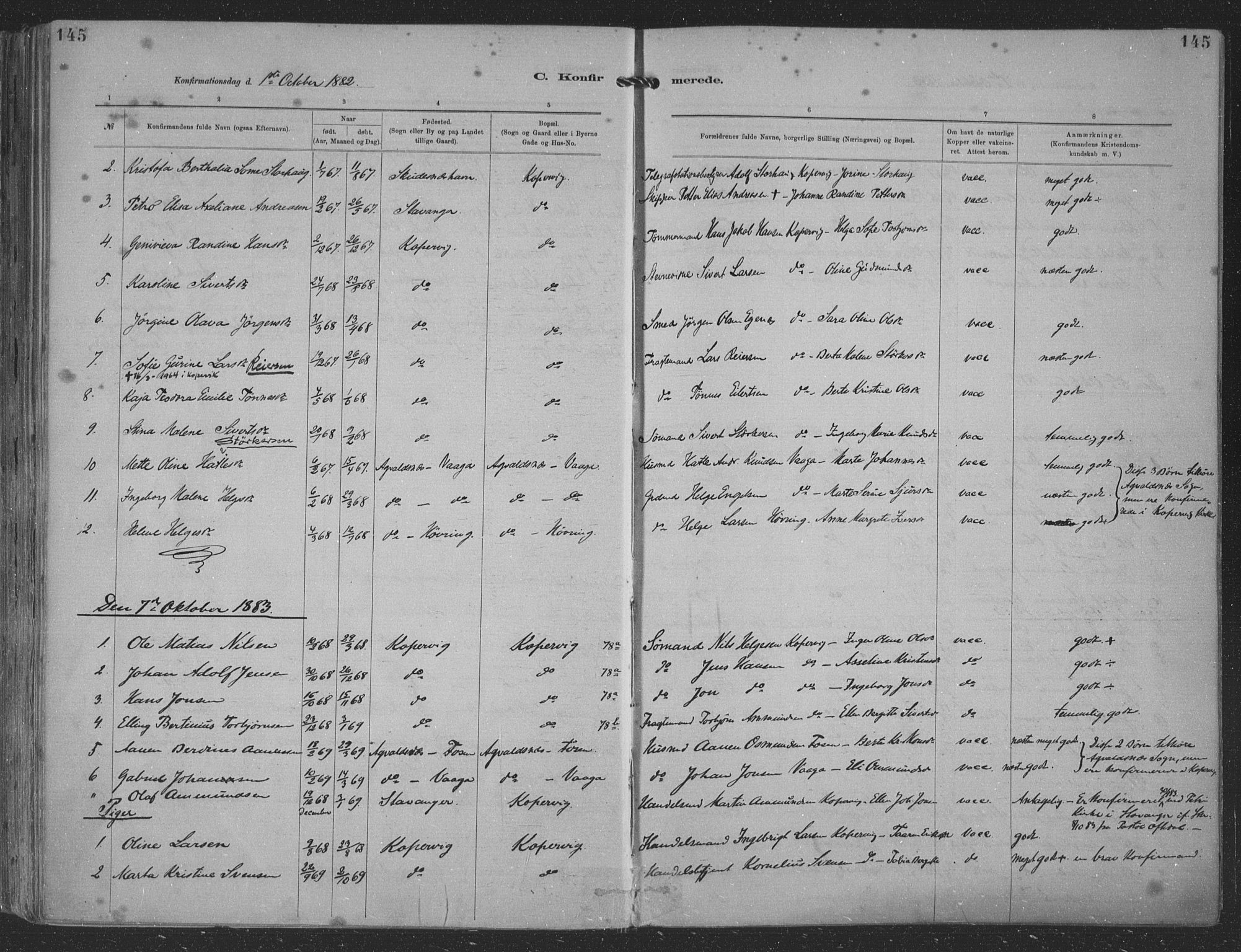 Kopervik sokneprestkontor, AV/SAST-A-101850/H/Ha/Haa/L0001: Parish register (official) no. A 1, 1880-1919, p. 145