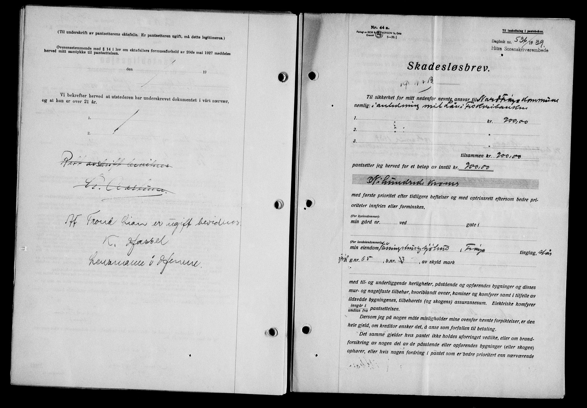Hitra sorenskriveri, AV/SAT-A-0018/2/2C/2Ca/L0028: Mortgage book no. B-1, 1936-1939, Diary no: : 536/1939