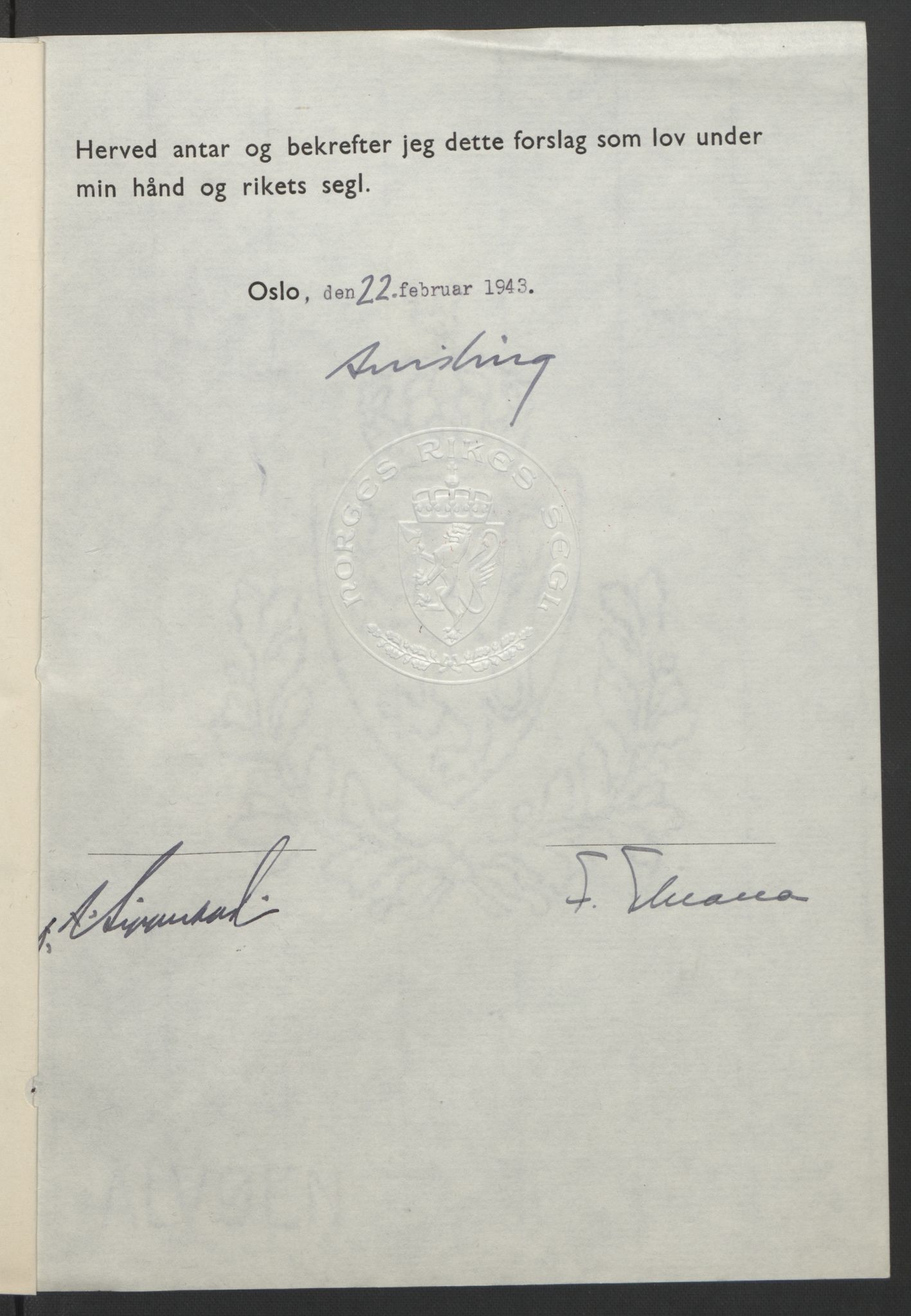 NS-administrasjonen 1940-1945 (Statsrådsekretariatet, de kommisariske statsråder mm), AV/RA-S-4279/D/Db/L0099: Lover, 1943, p. 135