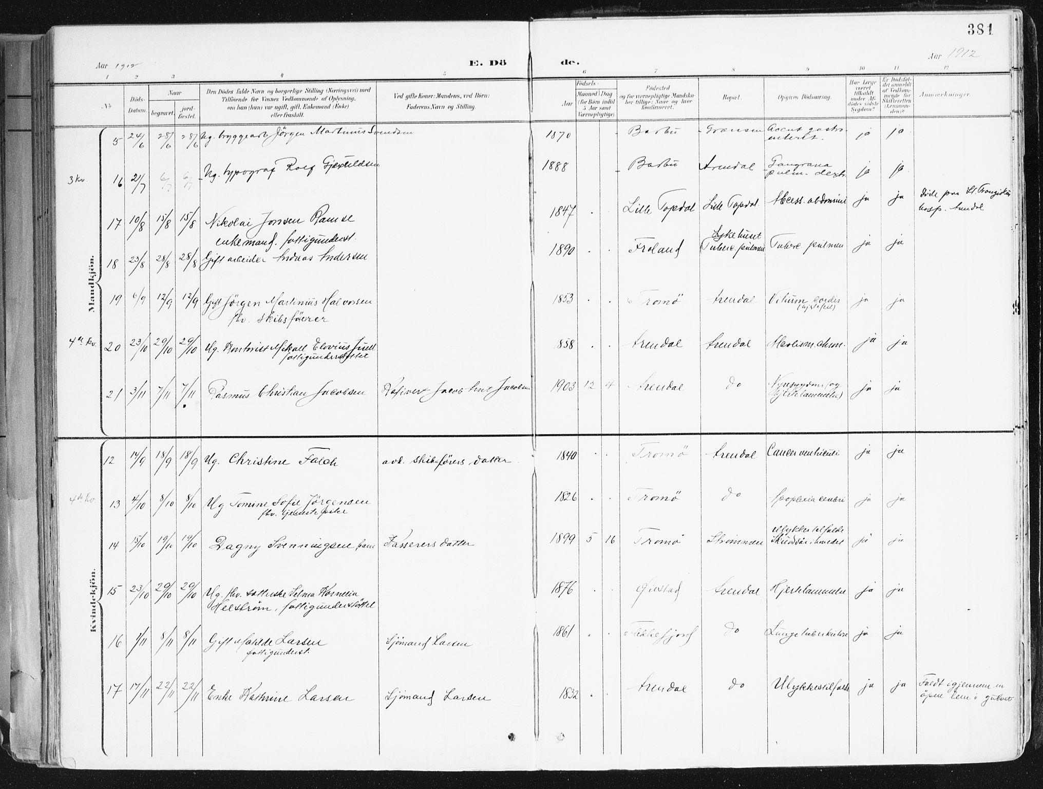 Arendal sokneprestkontor, Trefoldighet, AV/SAK-1111-0040/F/Fa/L0010: Parish register (official) no. A 10, 1900-1919, p. 381