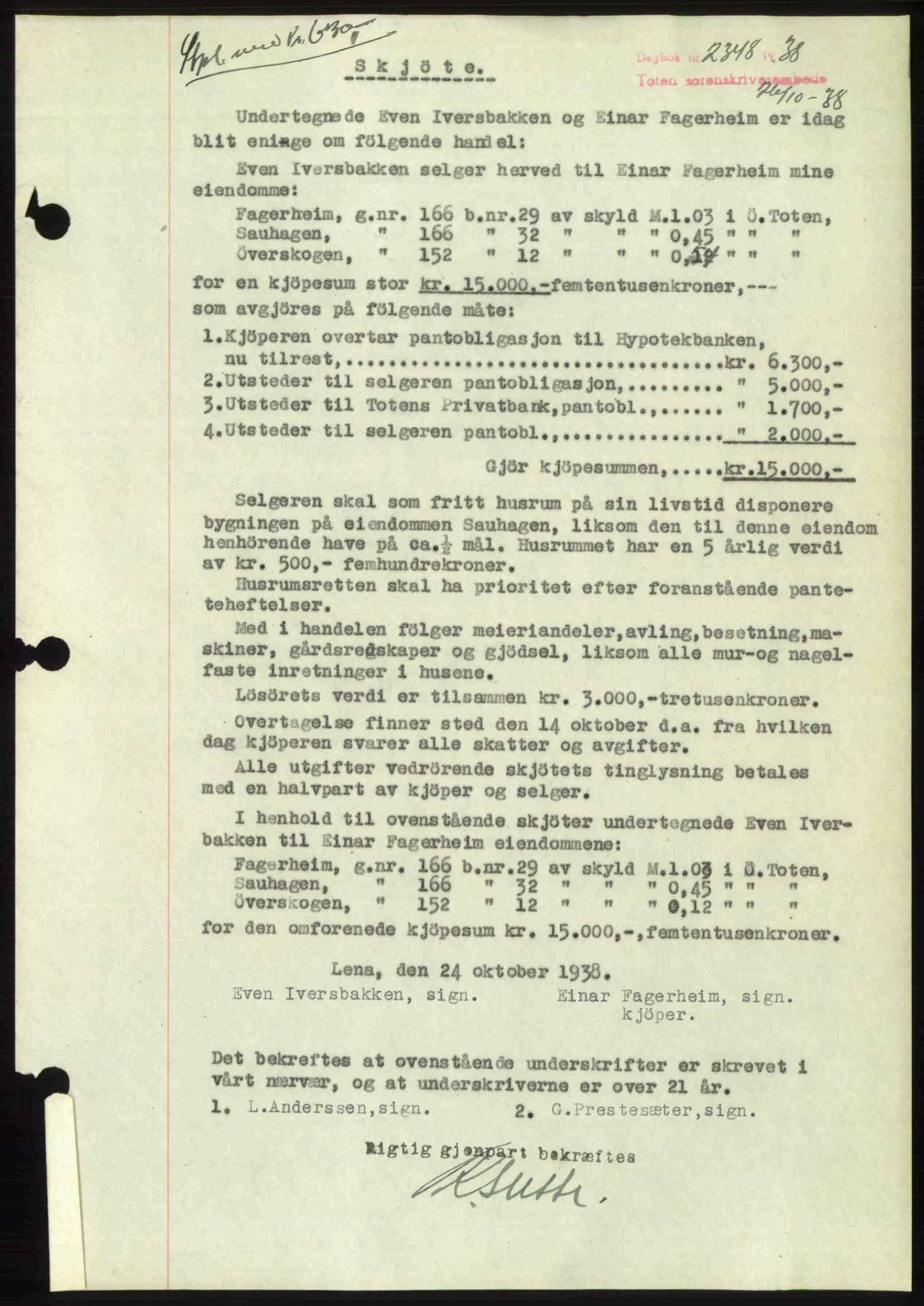 Toten tingrett, SAH/TING-006/H/Hb/Hbc/L0004: Mortgage book no. Hbc-04, 1938-1938, Diary no: : 2348/1938