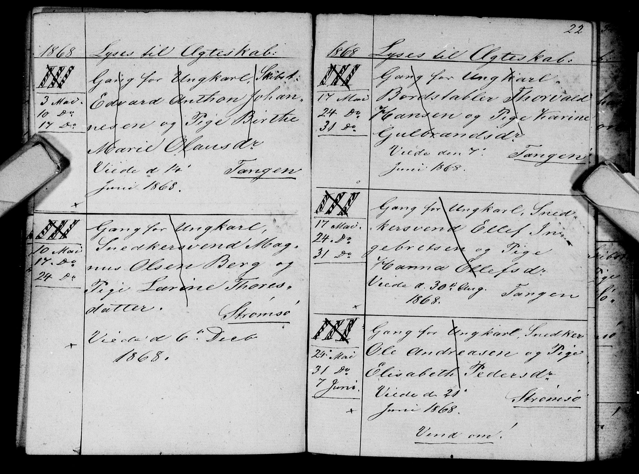 Strømsø kirkebøker, AV/SAKO-A-246/H/Ha/L0003: Banns register no. 3, 1866-1874, p. 22