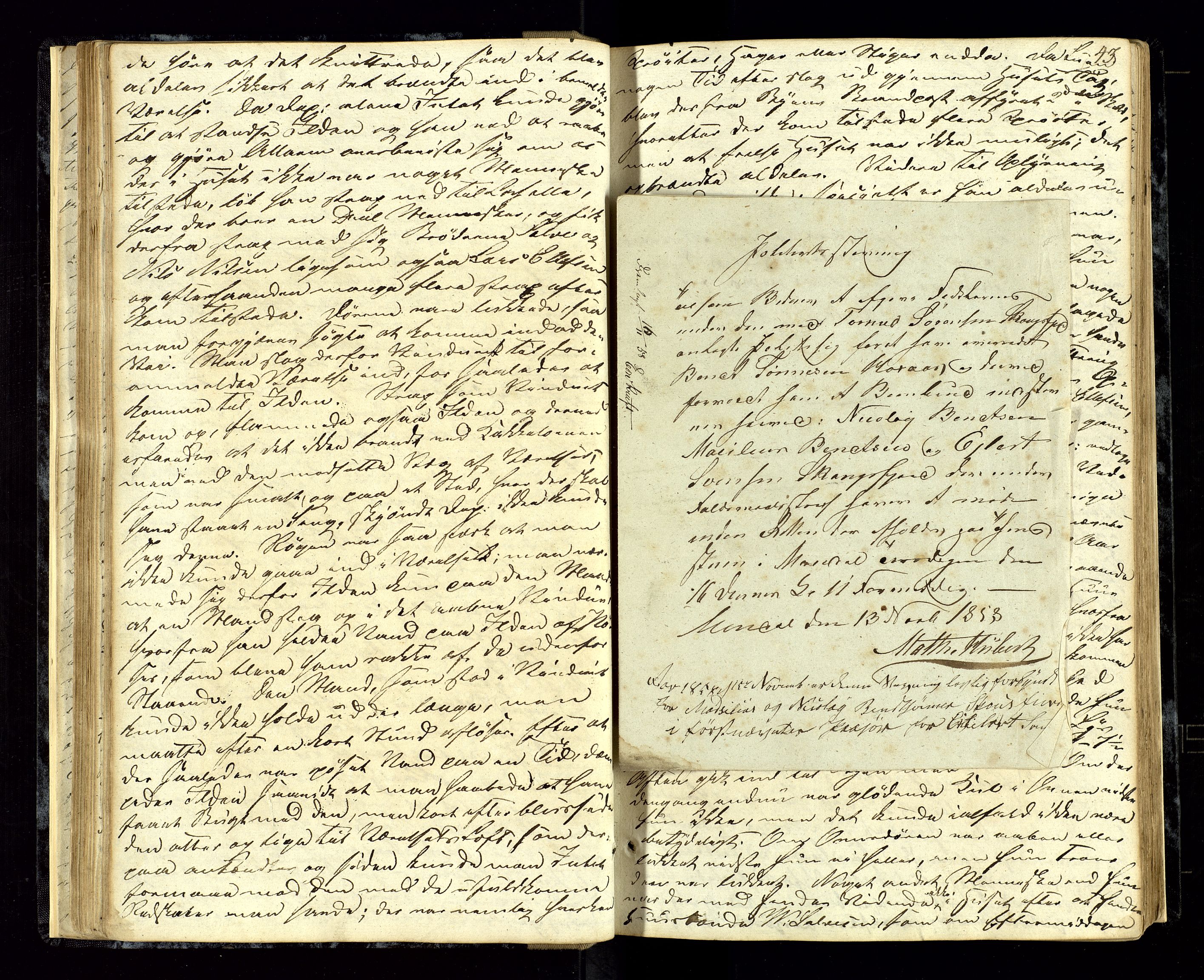 Mandal sorenskriveri, SAK/1221-0005/001/F/Fb/L0018: Ekstrarettsprotokoll med originalt personregister nr 16, 1853-1864, p. 43