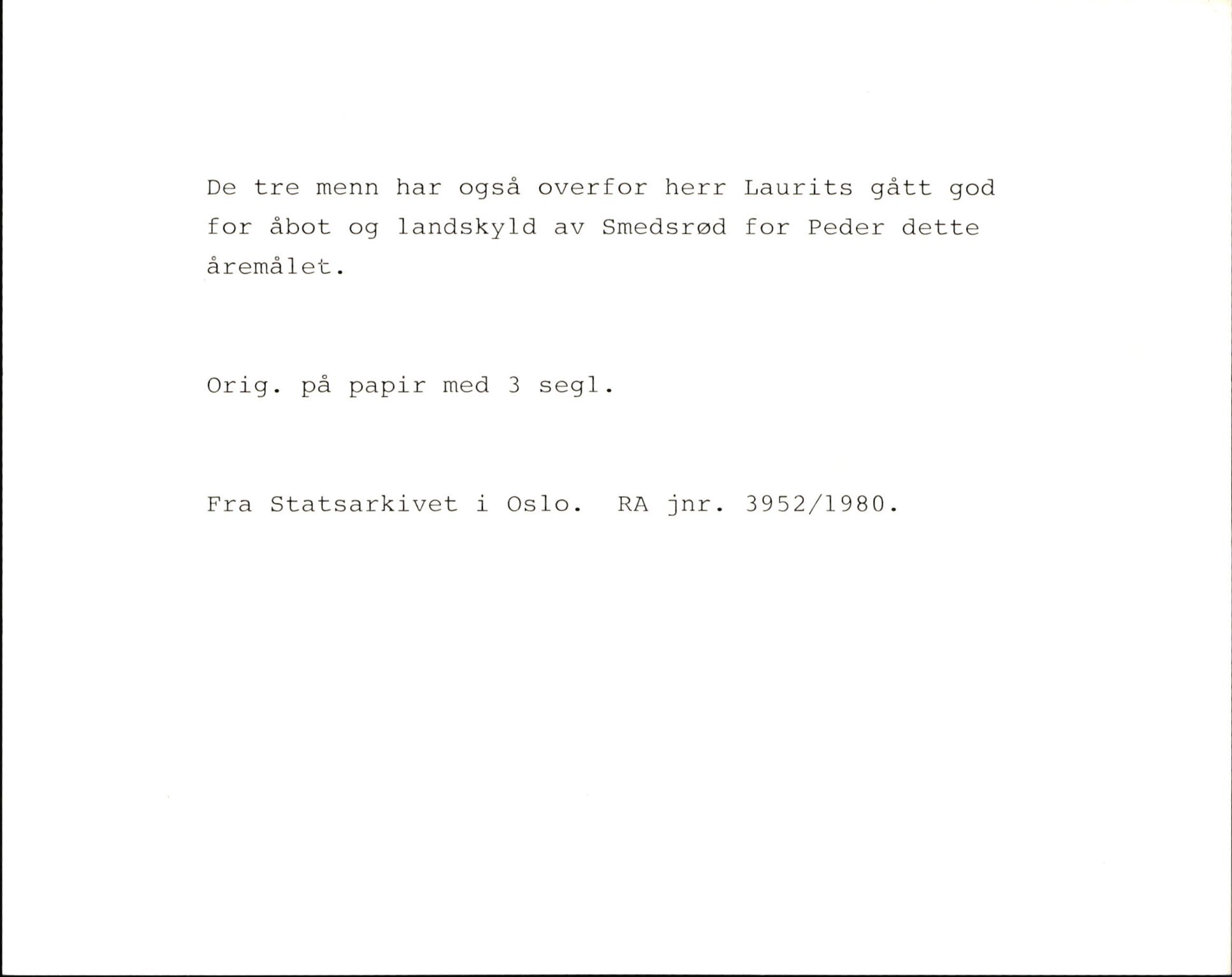 Riksarkivets diplomsamling, AV/RA-EA-5965/F35/F35k/L0002: Regestsedler: Prestearkiver fra Hedmark, Oppland, Buskerud og Vestfold, p. 742