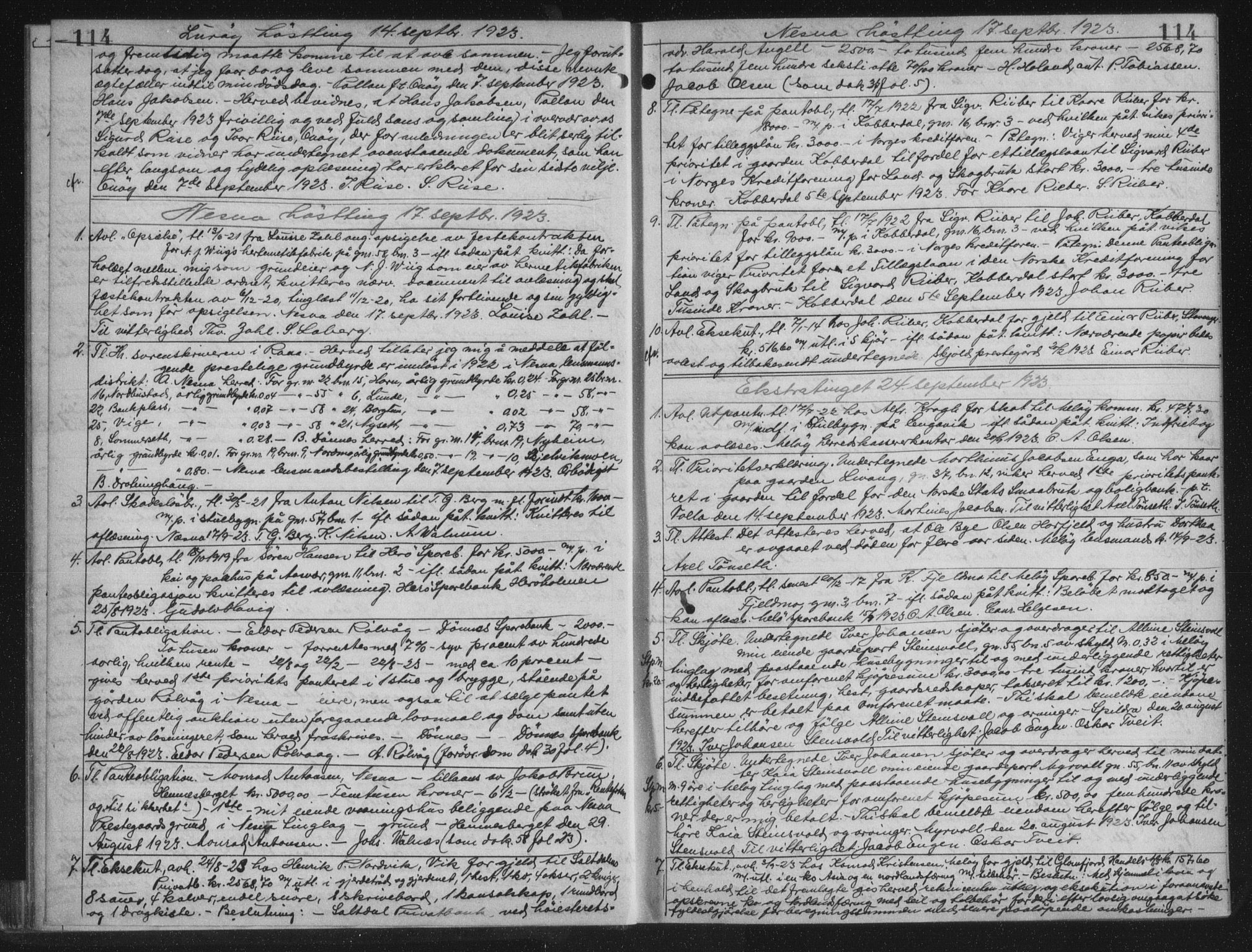 Rana sorenskriveri , AV/SAT-A-1108/1/2/2C/L0018: Mortgage book no. 18, 1923-1928, p. 114, Deed date: 14.09.1923