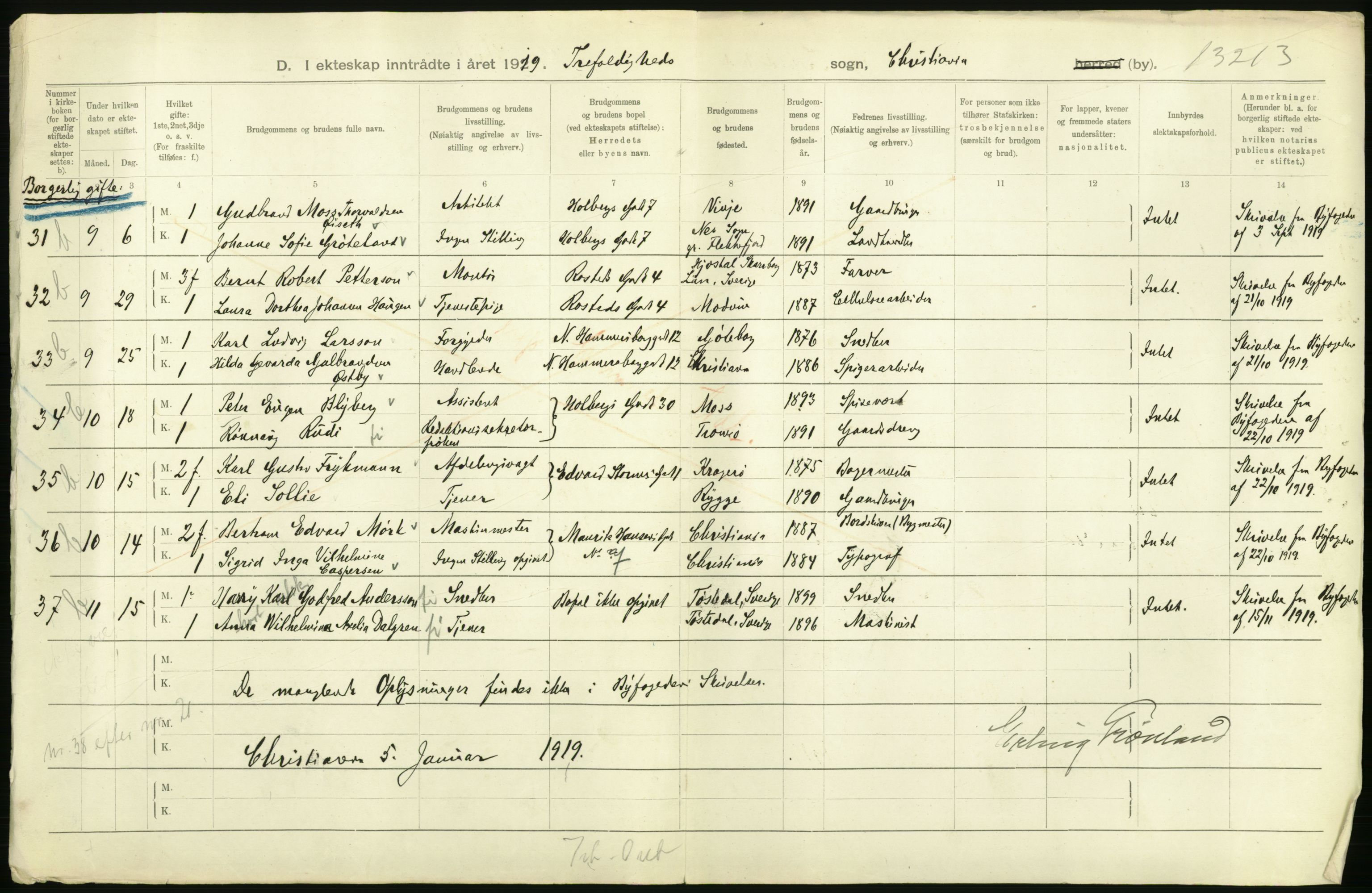 Statistisk sentralbyrå, Sosiodemografiske emner, Befolkning, AV/RA-S-2228/D/Df/Dfb/Dfbi/L0009: Kristiania: Gifte, 1919, p. 134