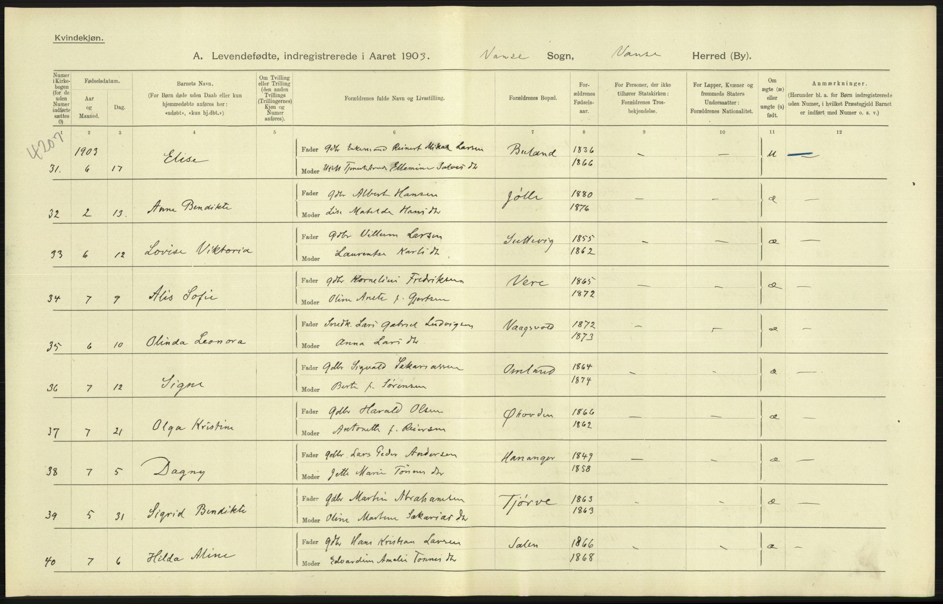 Statistisk sentralbyrå, Sosiodemografiske emner, Befolkning, AV/RA-S-2228/D/Df/Dfa/Dfaa/L0011: Lister og Mandal amt: Fødte, gifte, døde, 1903, p. 91