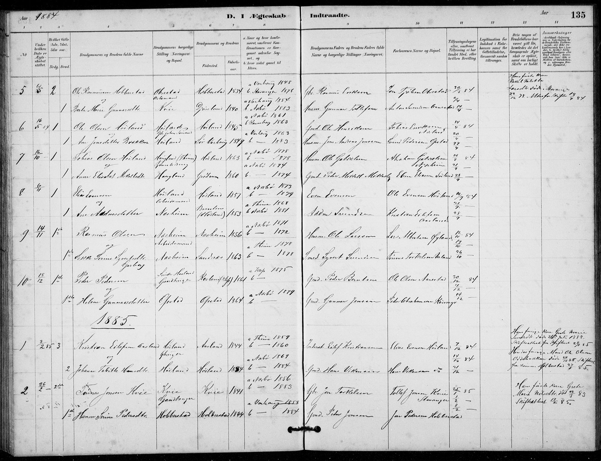 Hå sokneprestkontor, AV/SAST-A-101801/001/30BB/L0003: Parish register (copy) no. B 3, 1883-1894, p. 135