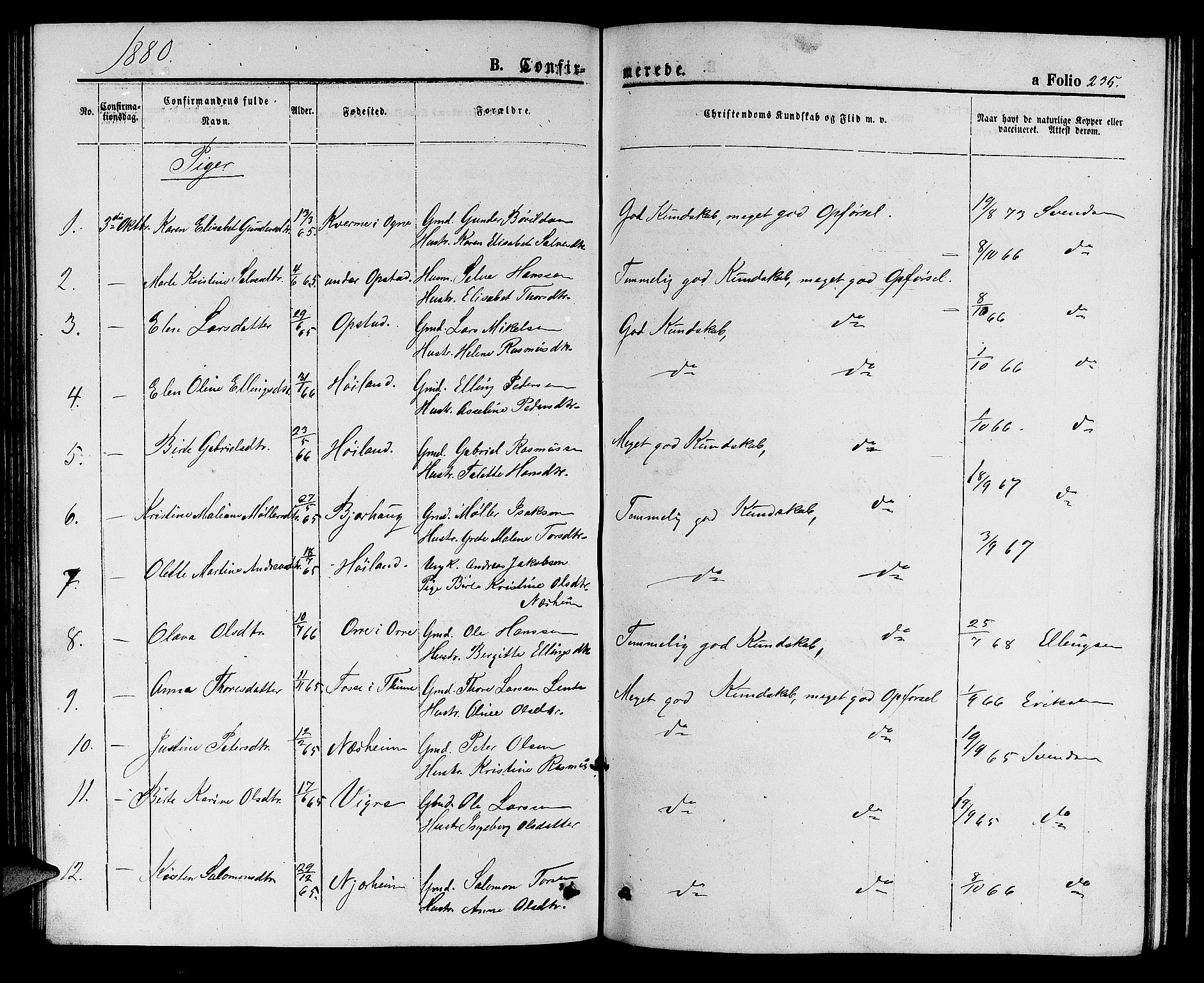 Hå sokneprestkontor, SAST/A-101801/001/30BB/L0001: Parish register (copy) no. B 1, 1854-1883, p. 235