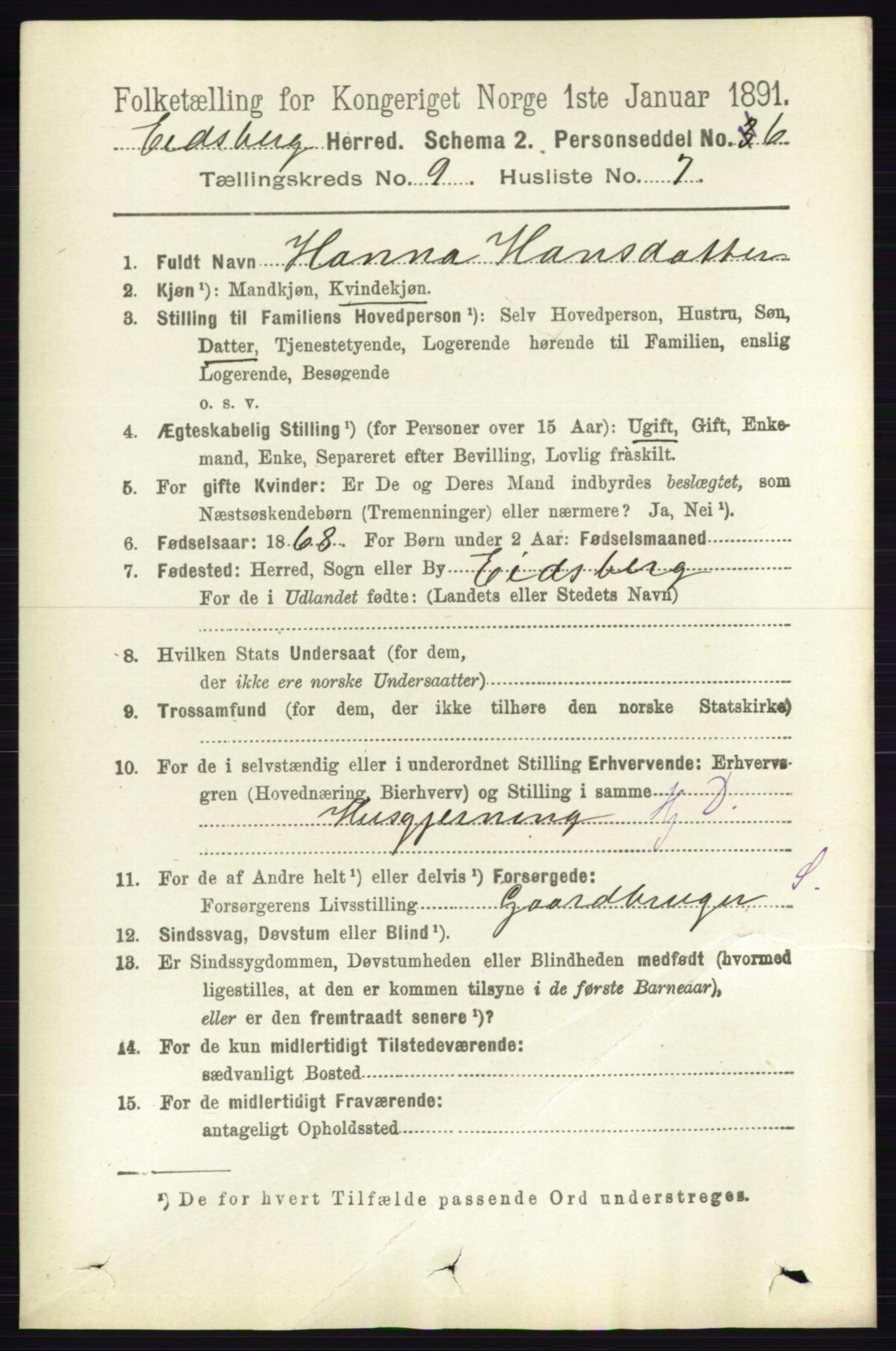 RA, 1891 census for 0125 Eidsberg, 1891, p. 5198