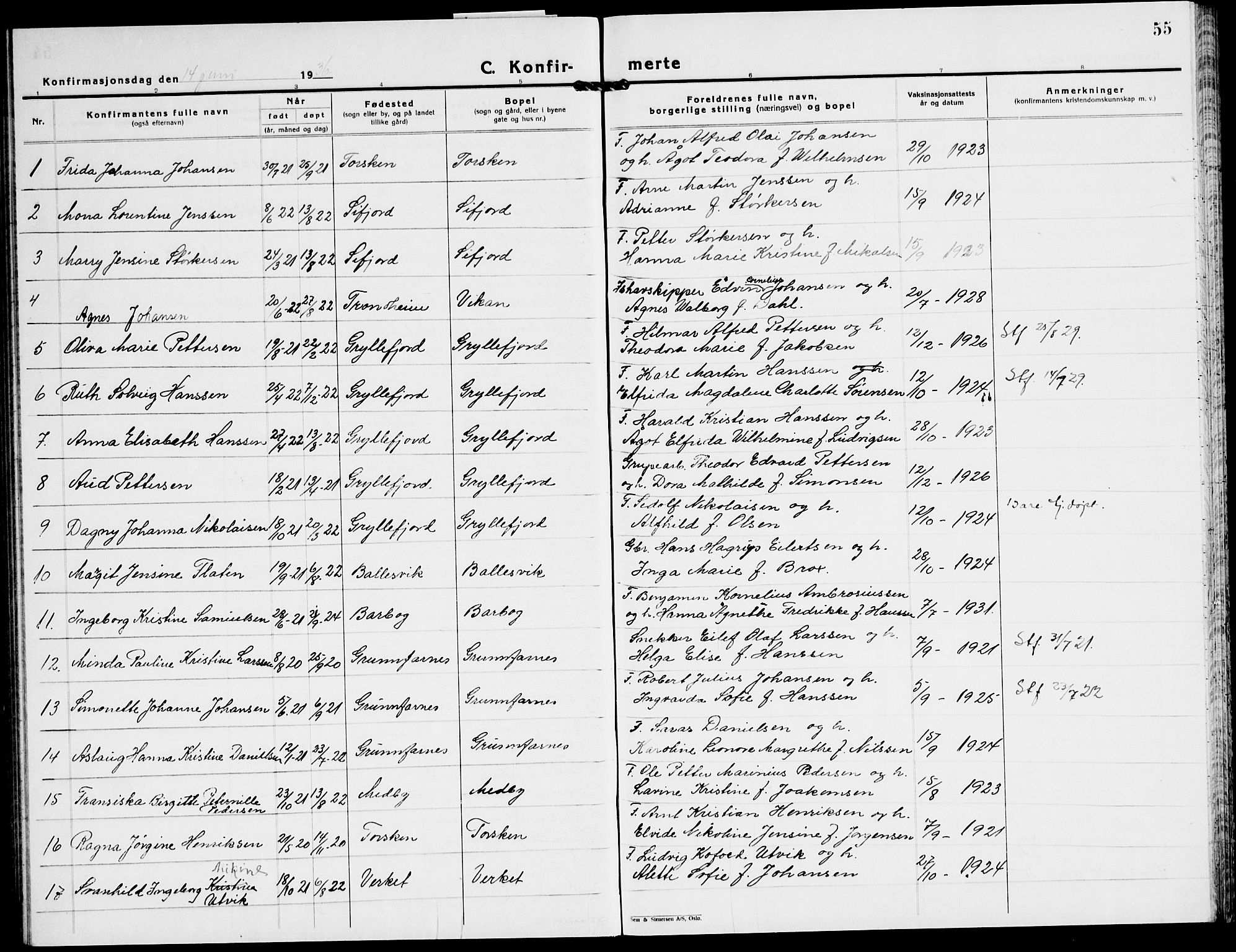 Berg sokneprestkontor, AV/SATØ-S-1318/G/Ga/Gab/L0015klokker: Parish register (copy) no. 15, 1934-1945, p. 55