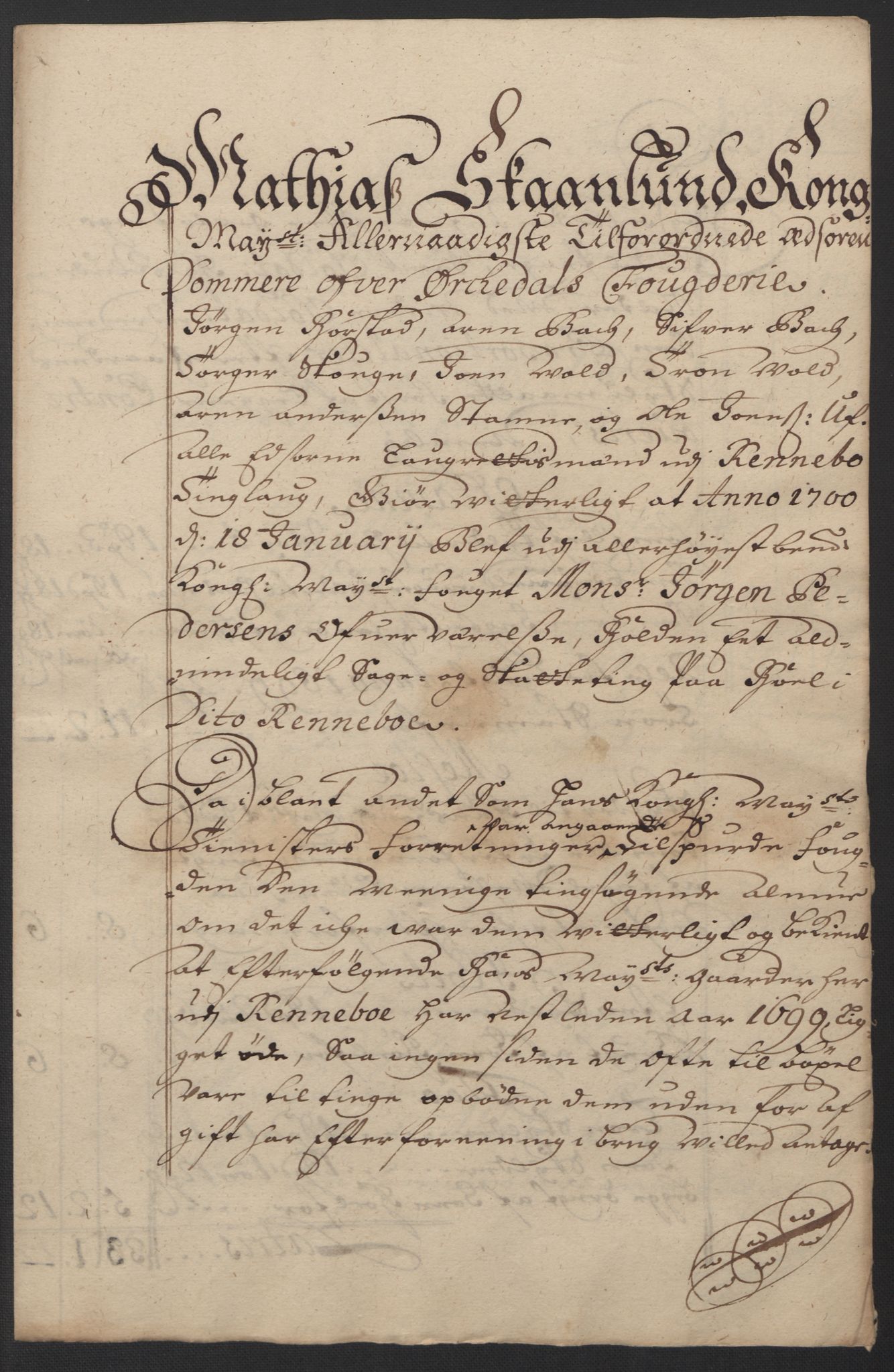 Rentekammeret inntil 1814, Reviderte regnskaper, Fogderegnskap, AV/RA-EA-4092/R60/L3949: Fogderegnskap Orkdal og Gauldal, 1699, p. 211