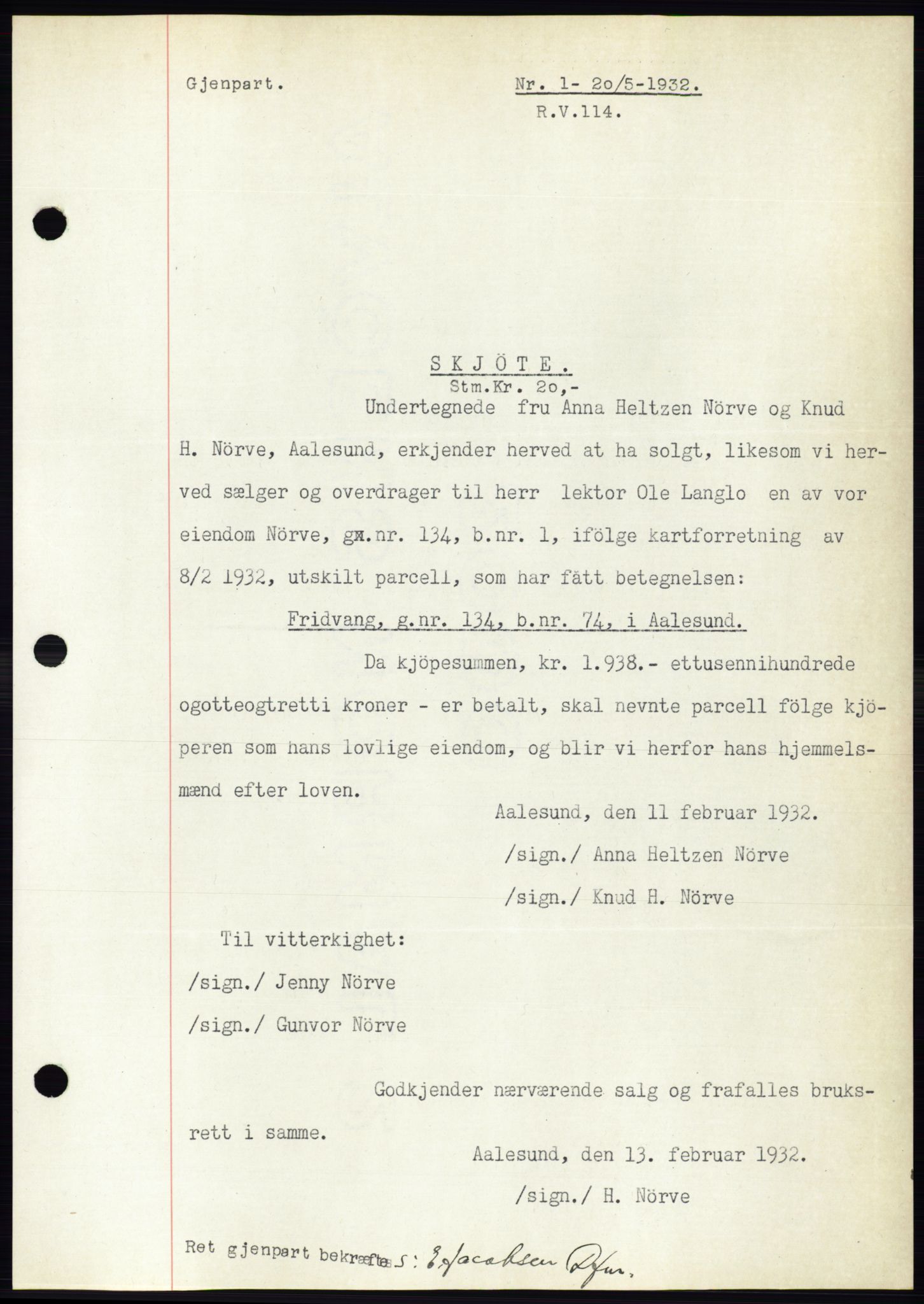 Ålesund byfogd, AV/SAT-A-4384: Mortgage book no. 29, 1931-1932, Deed date: 20.05.1932