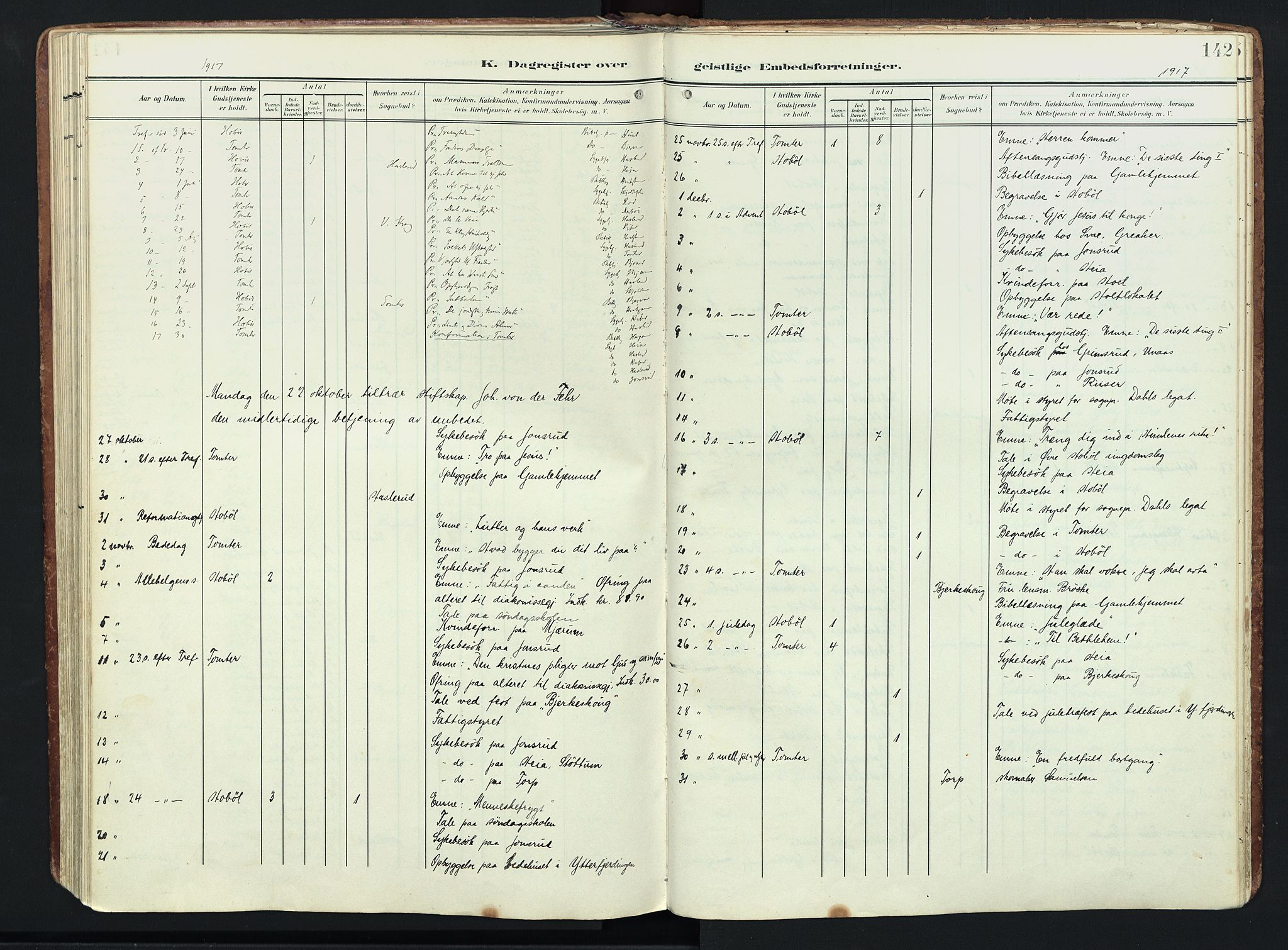 Hobøl prestekontor Kirkebøker, AV/SAO-A-2002/F/Fa/L0006: Parish register (official) no. I 6, 1905-1927, p. 142