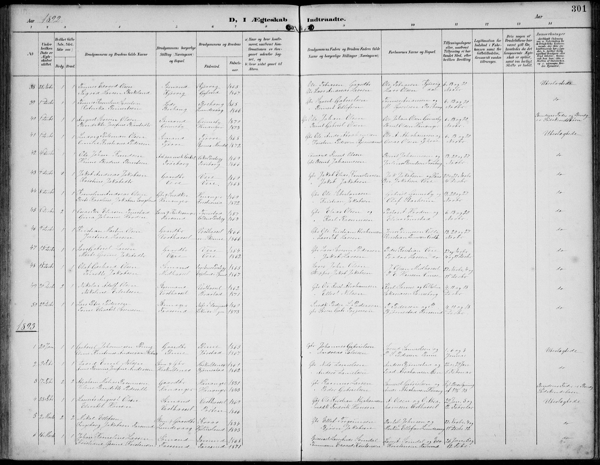 Lista sokneprestkontor, SAK/1111-0027/F/Fb/L0005: Parish register (copy) no. B 5, 1892-1923, p. 301