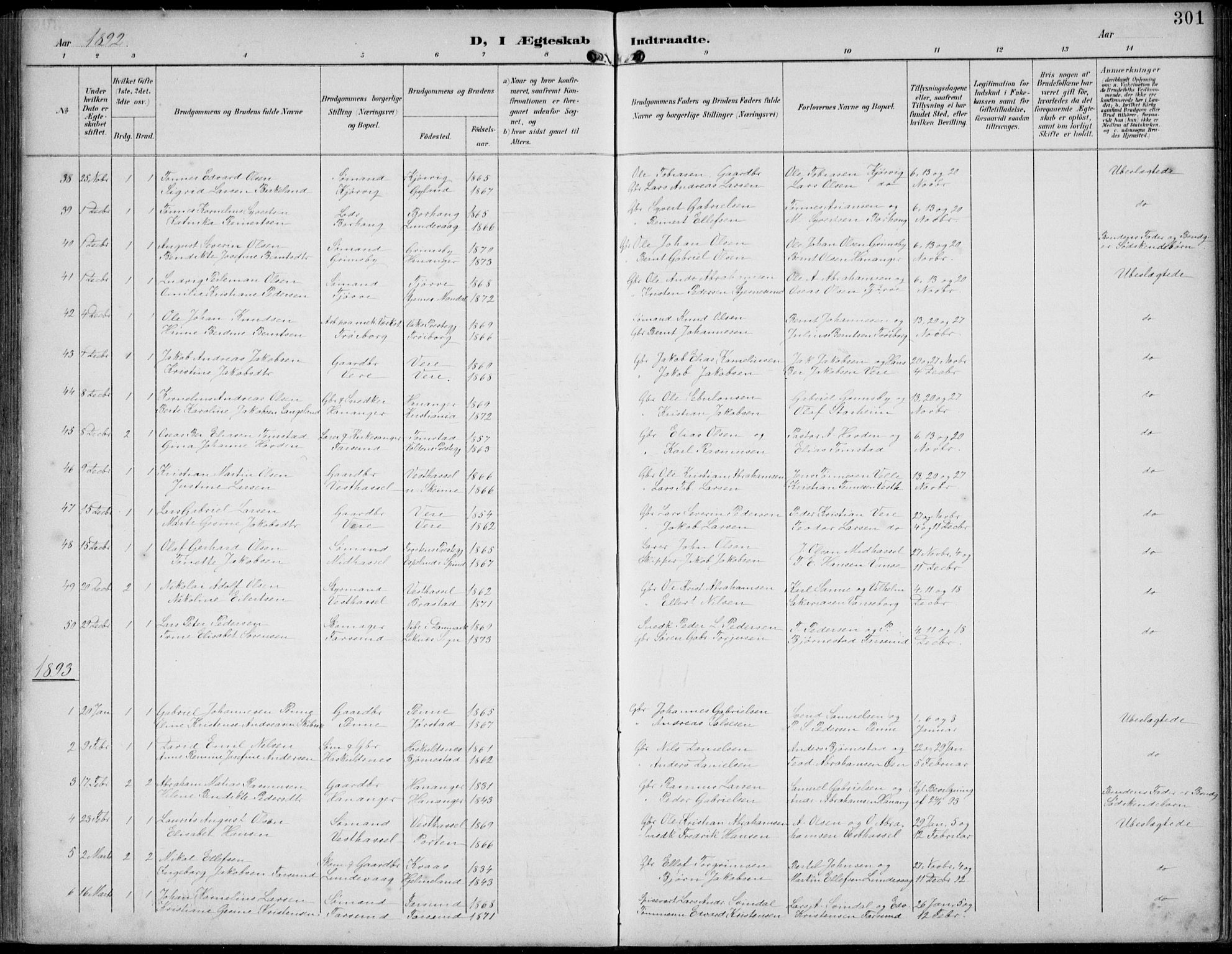 Lista sokneprestkontor, AV/SAK-1111-0027/F/Fb/L0005: Parish register (copy) no. B 5, 1892-1923, p. 301