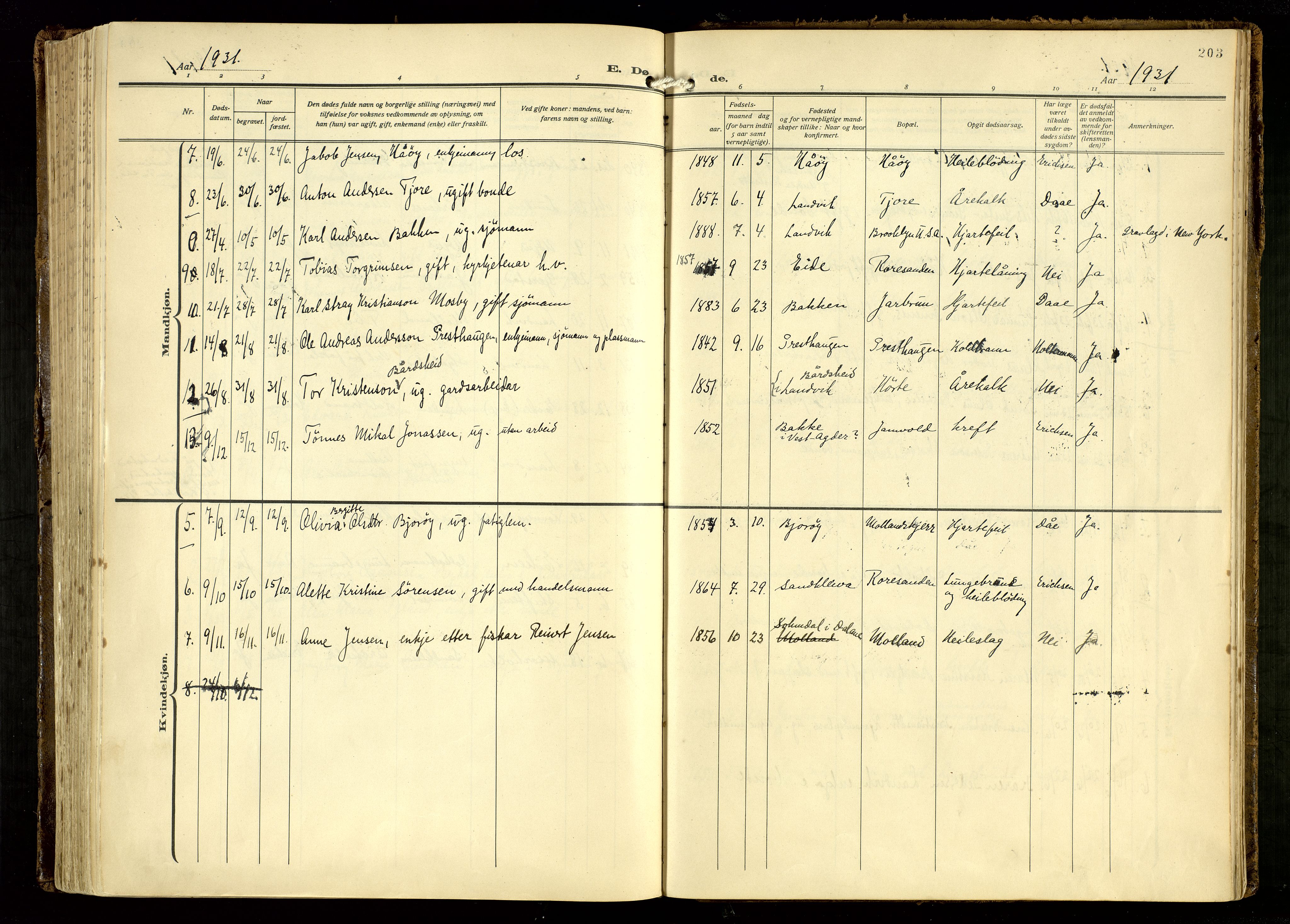 Hommedal sokneprestkontor, SAK/1111-0023/F/Fa/Fab/L0008: Parish register (official) no. A 8, 1925-1956, p. 203