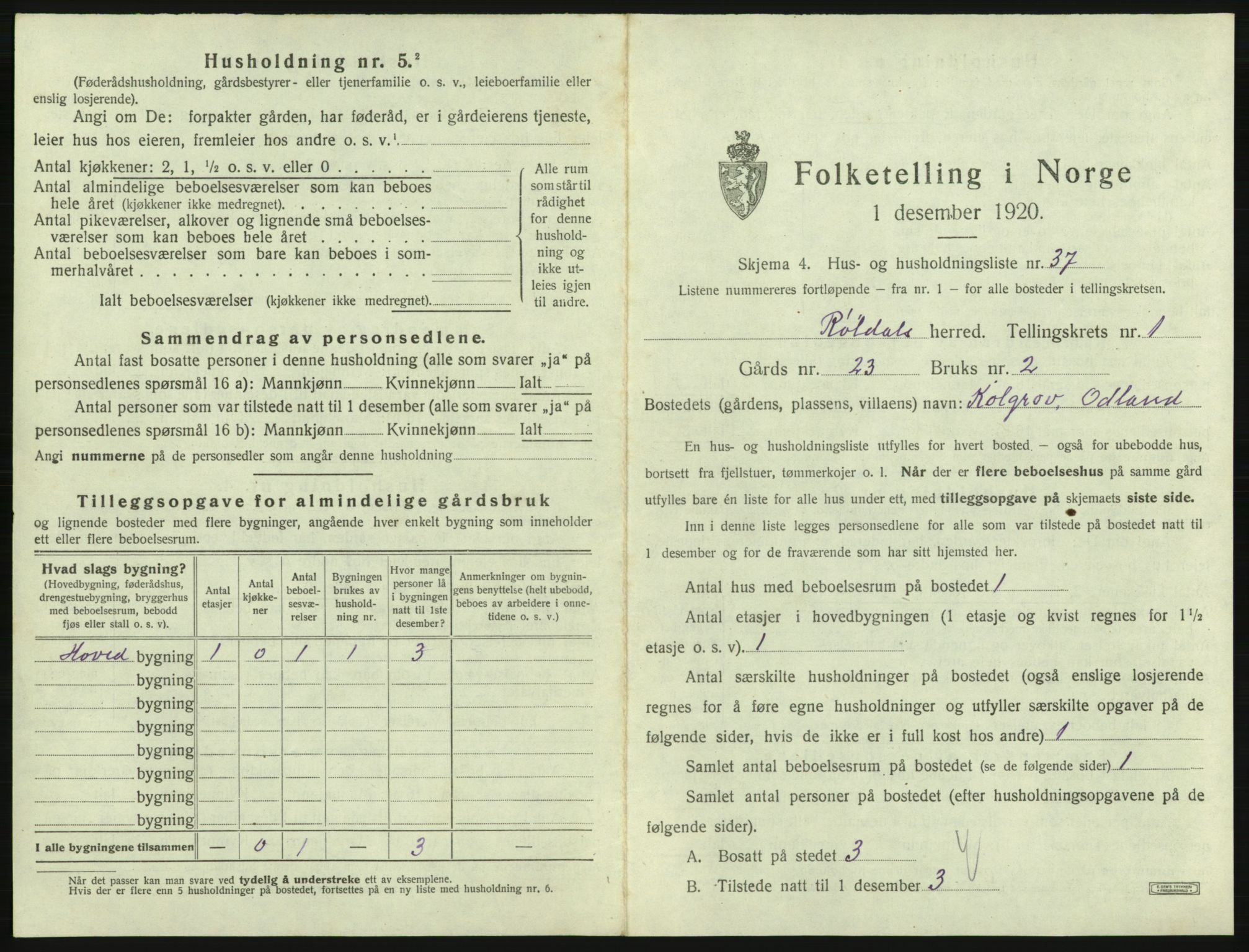 SAB, 1920 census for Røldal, 1920, p. 87