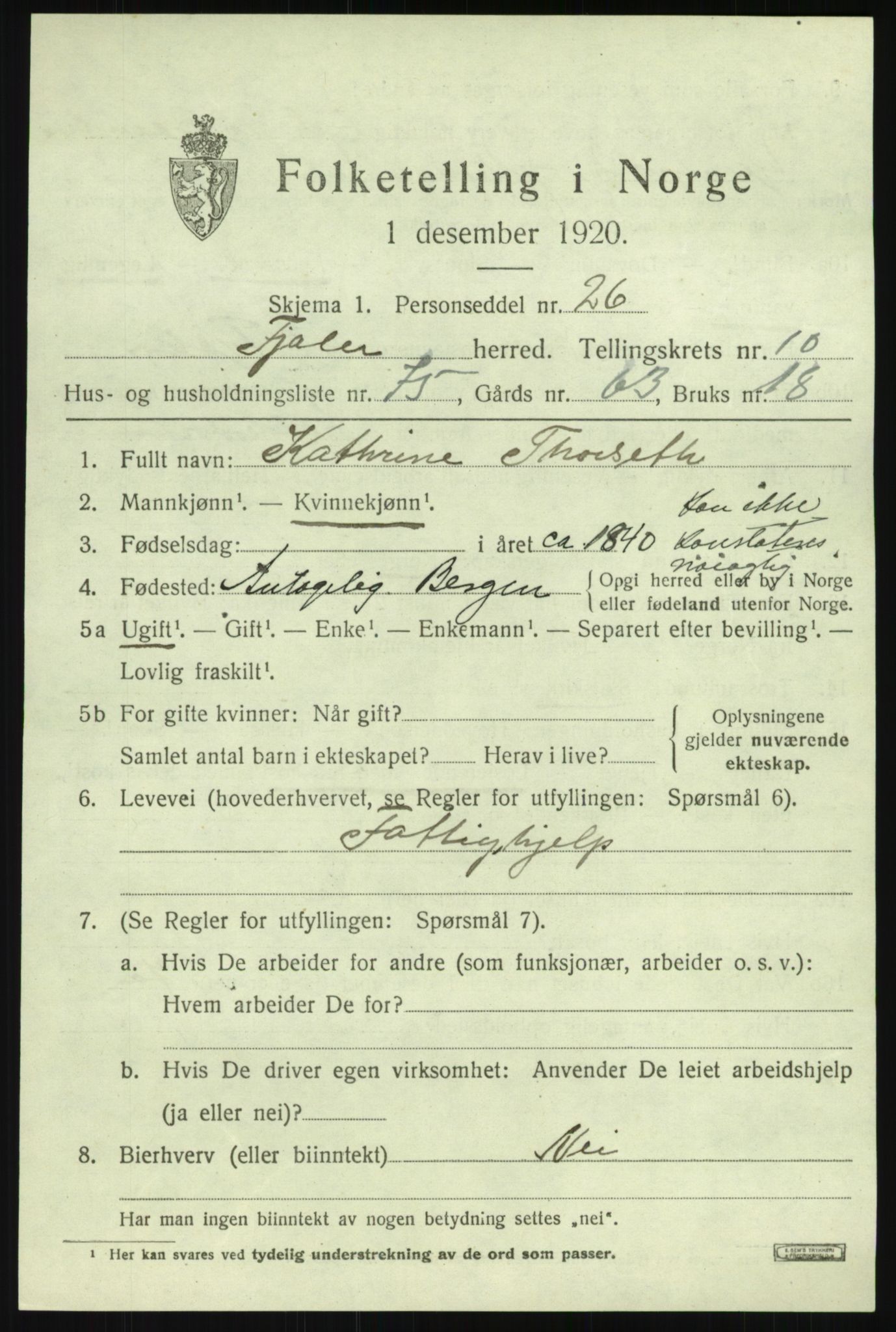 SAB, 1920 census for Fjaler, 1920, p. 5919