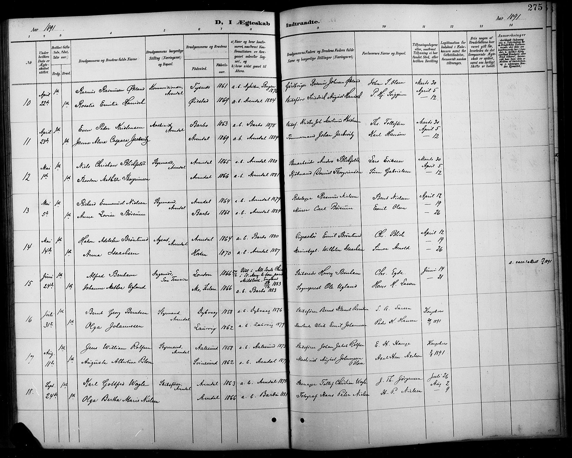Arendal sokneprestkontor, Trefoldighet, SAK/1111-0040/F/Fb/L0006: Parish register (copy) no. B 6, 1889-1916, p. 275